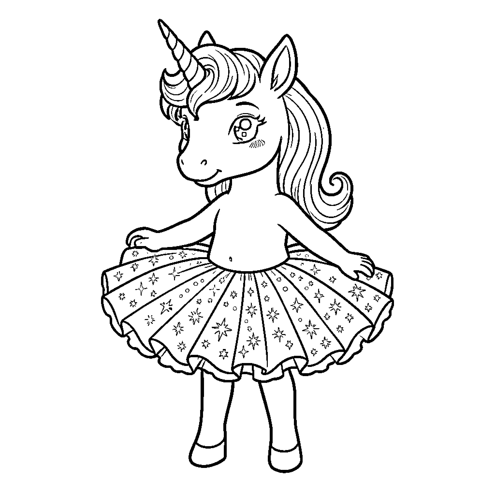 Unicorn with a magical dress dancing happily Coloring Page (free black-and-white line drawing printable PDF for all, from beginners to advanced learners, including children, teens, adults, and seniors)