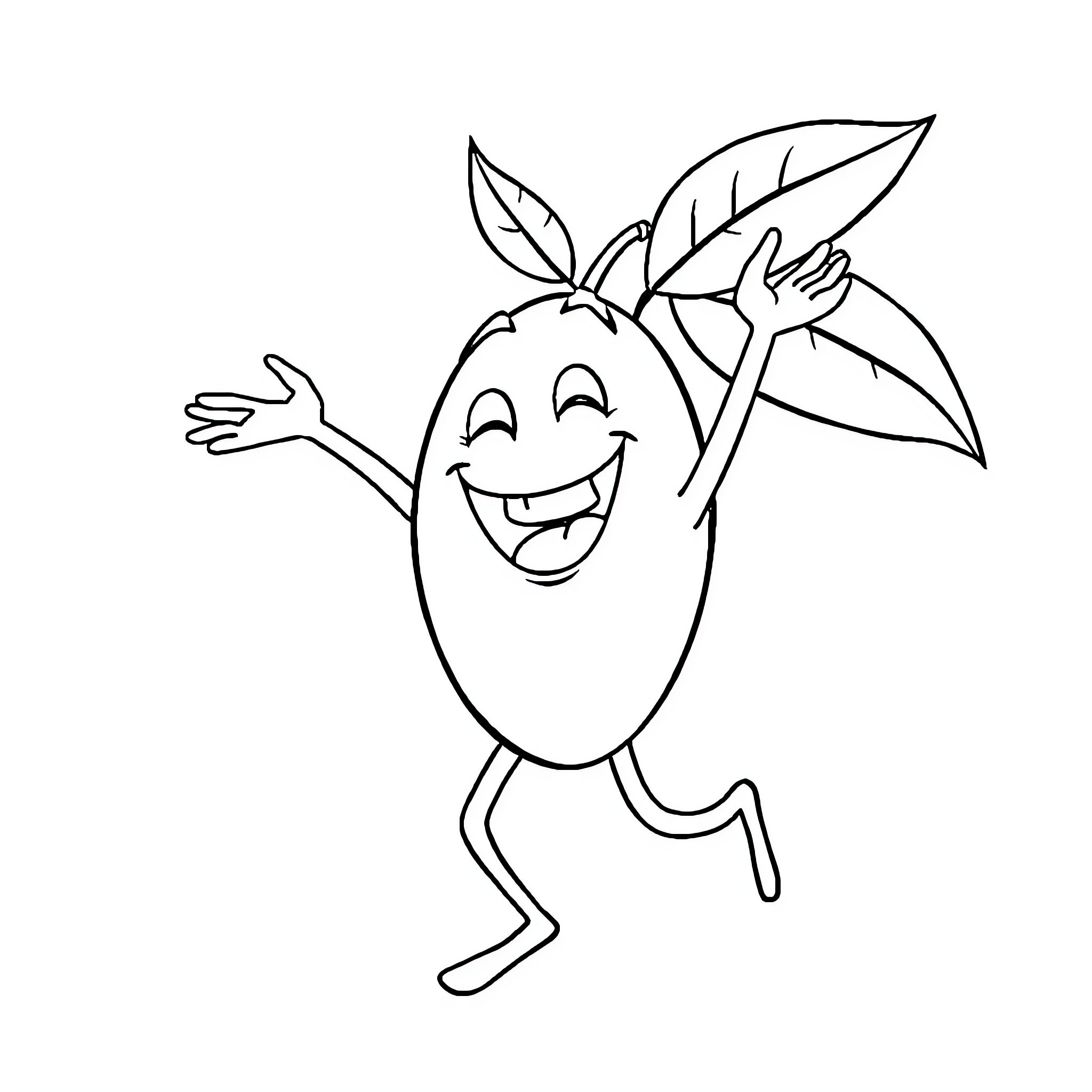 Mango character happily jumping with leaves Coloring Page (free black-and-white line drawing printable PDF for all, from beginners to advanced learners, including children, teens, adults, and seniors)