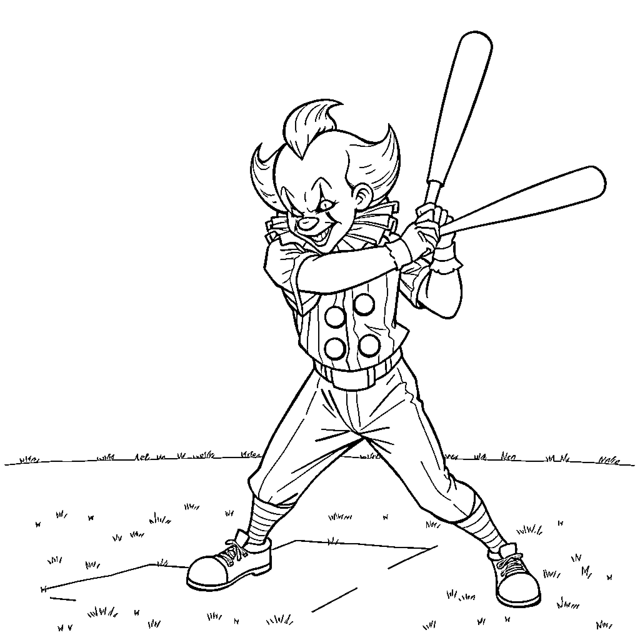 Pennywise the Clown's Mischievous Antics Coloring Page (free black-and-white line drawing printable PDF for all, from beginners to advanced learners, including children, teens, adults, and seniors)