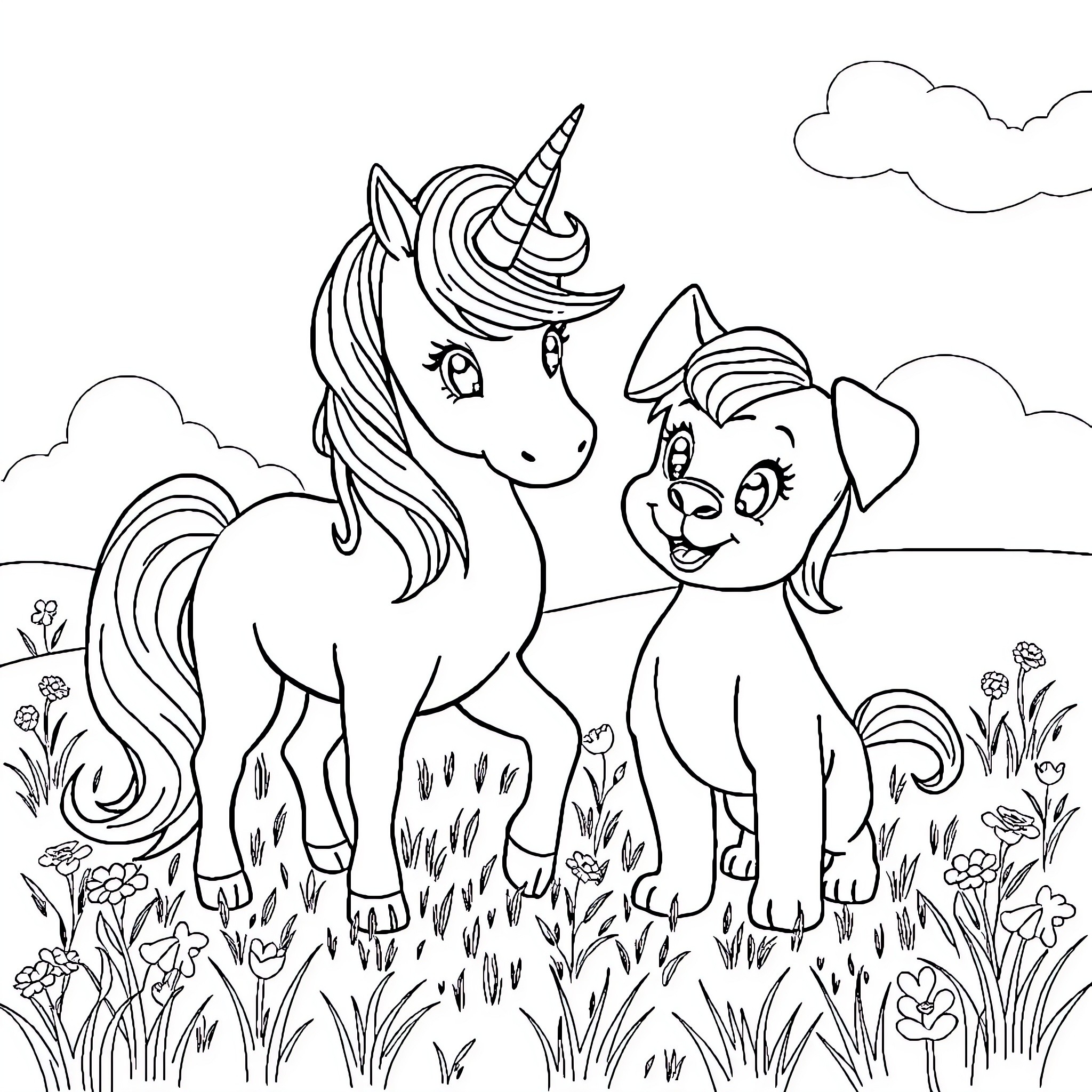 Puppy unicorn and puppy friends exploring the meadow Coloring Page (free black-and-white line drawing printable PDF for all, from beginners to advanced learners, including children, teens, adults, and seniors)