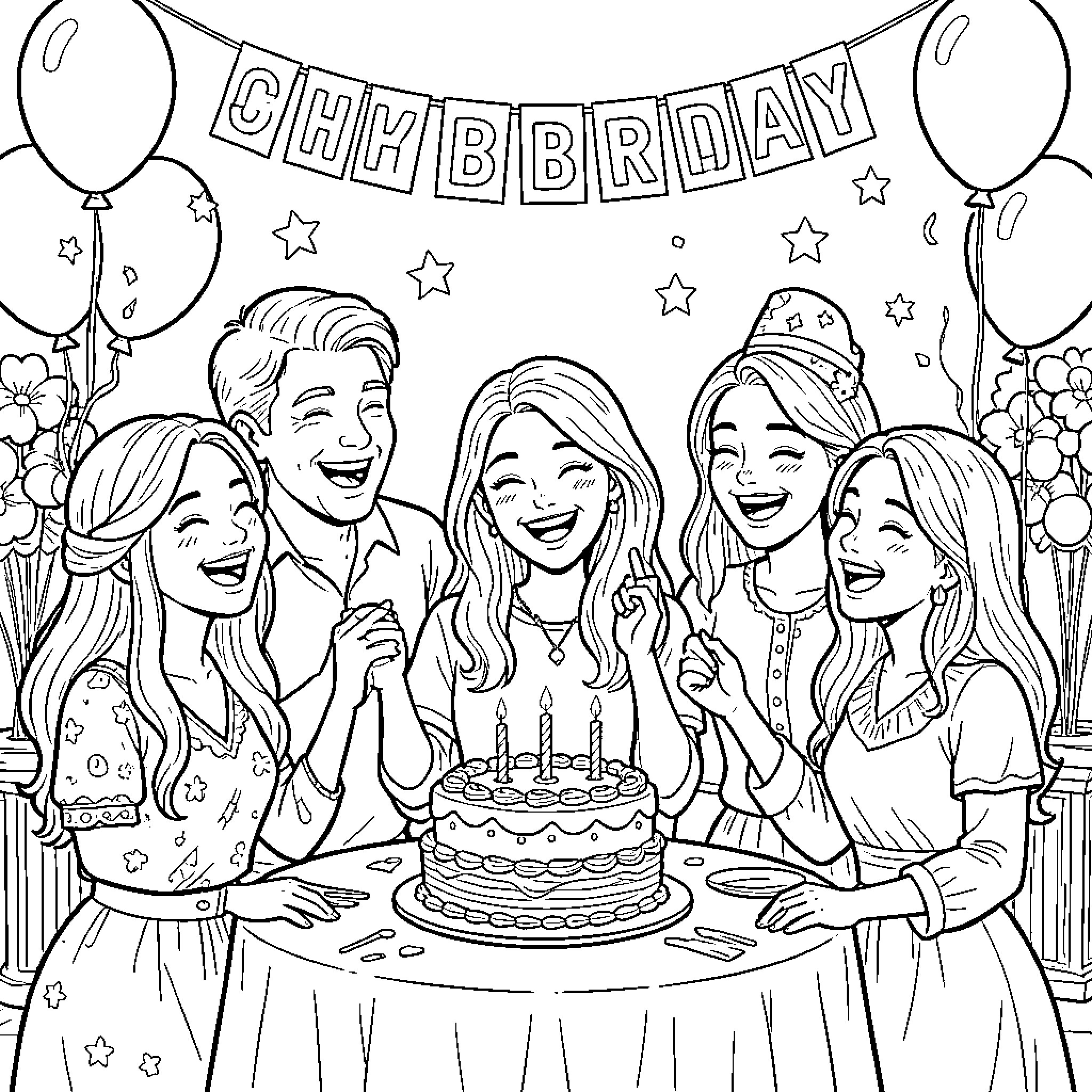 Bible Belle celebrating a birthday party with friends Coloring Page (free black-and-white line drawing printable PDF for all, from beginners to advanced learners, including children, teens, adults, and seniors)