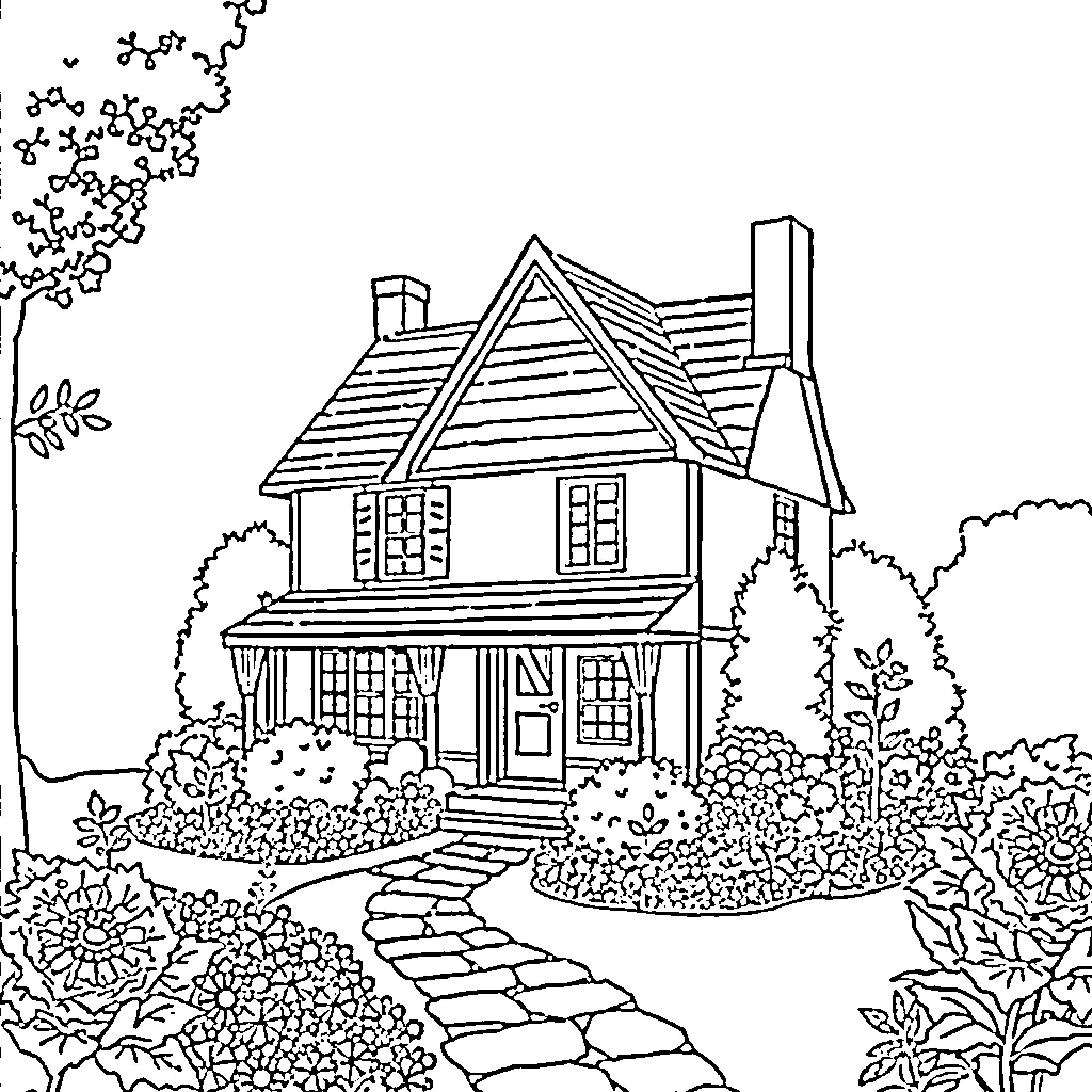 Anne's Cozy Country Cottage Coloring Page (free black-and-white line drawing printable PDF for all, from beginners to advanced learners, including children, teens, adults, and seniors)