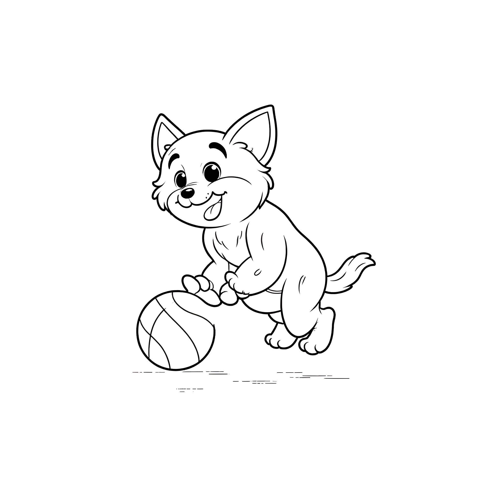 Dog playing joyfully with a ball Coloring Page (free black-and-white line drawing printable PDF for all, from beginners to advanced learners, including children, teens, adults, and seniors)
