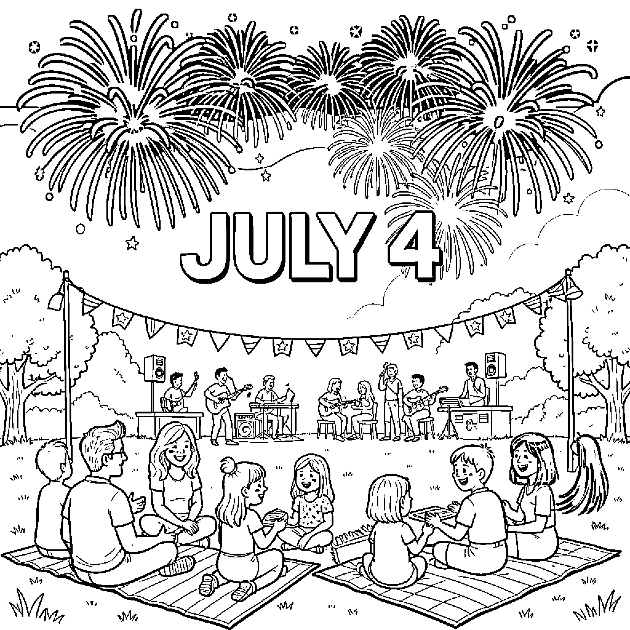 July 4th celebration with music and fireworks in the sky Coloring Page (free black-and-white line drawing printable PDF for all, from beginners to advanced learners, including children, teens, adults, and seniors)