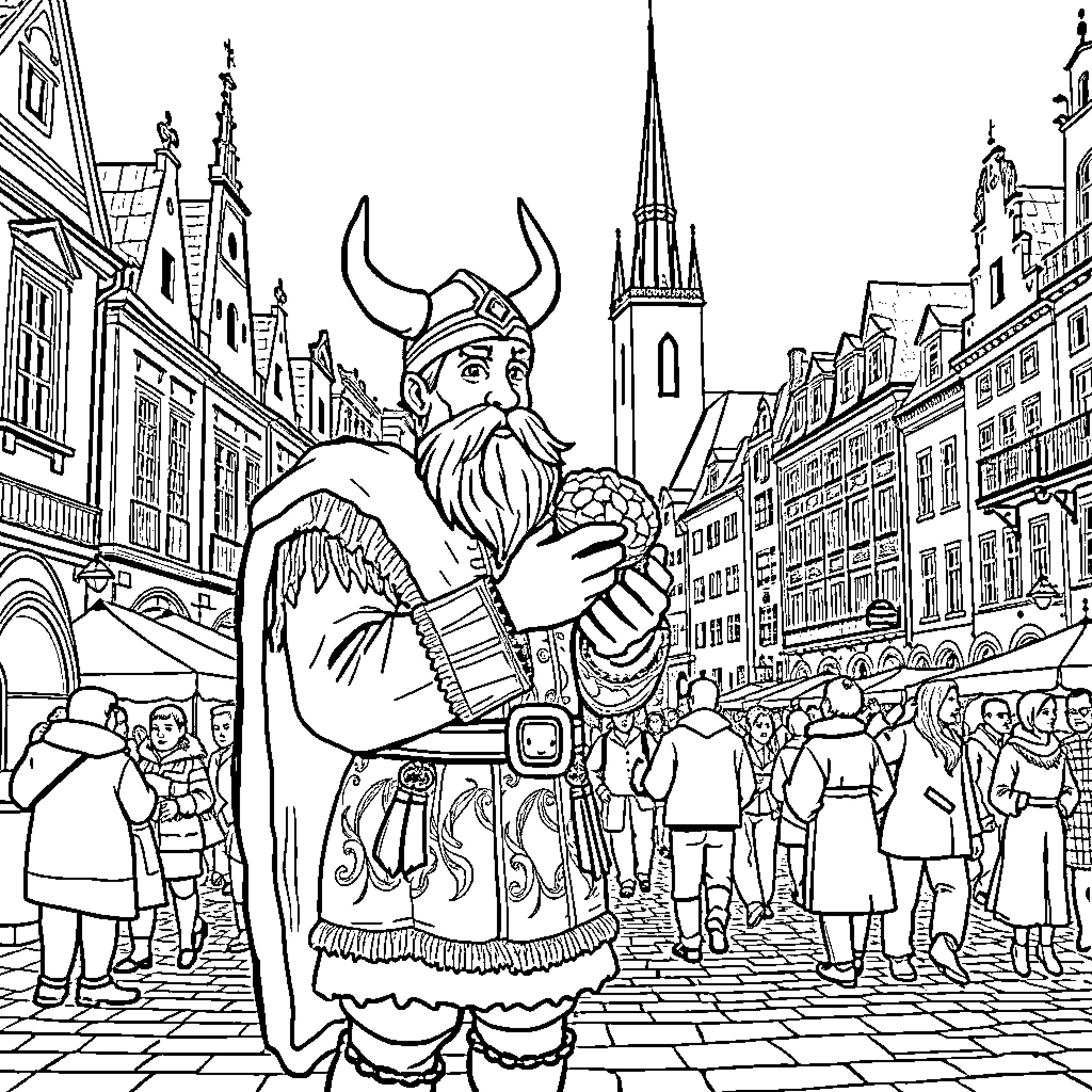 Viking Celebrating with Crowd in Medieval Town Coloring Page (free black-and-white line drawing printable PDF for all, from beginners to advanced learners, including children, teens, adults, and seniors)