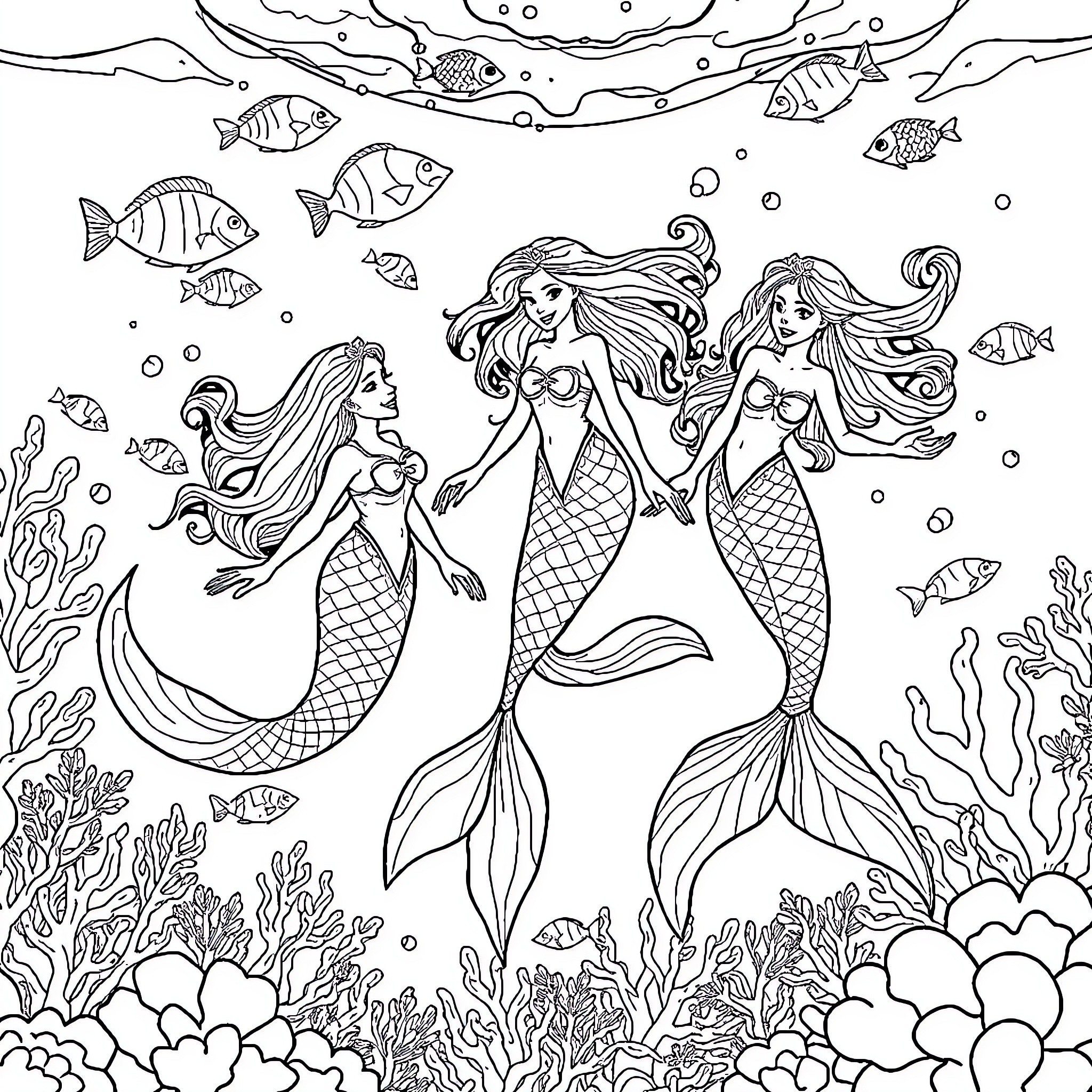 Mermaid Trio Exploring the Underwater World Coloring Page (free black-and-white line drawing printable PDF for all, from beginners to advanced learners, including children, teens, adults, and seniors)