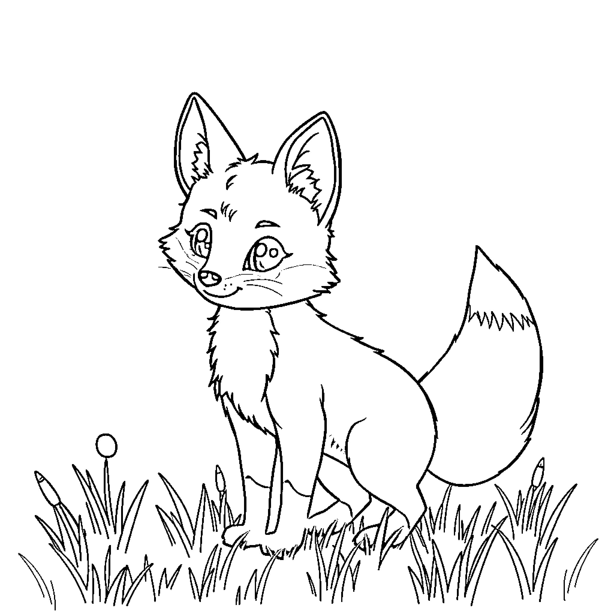 Fox exploring lush grassy field Coloring Page (free black-and-white line drawing printable PDF for all, from beginners to advanced learners, including children, teens, adults, and seniors)