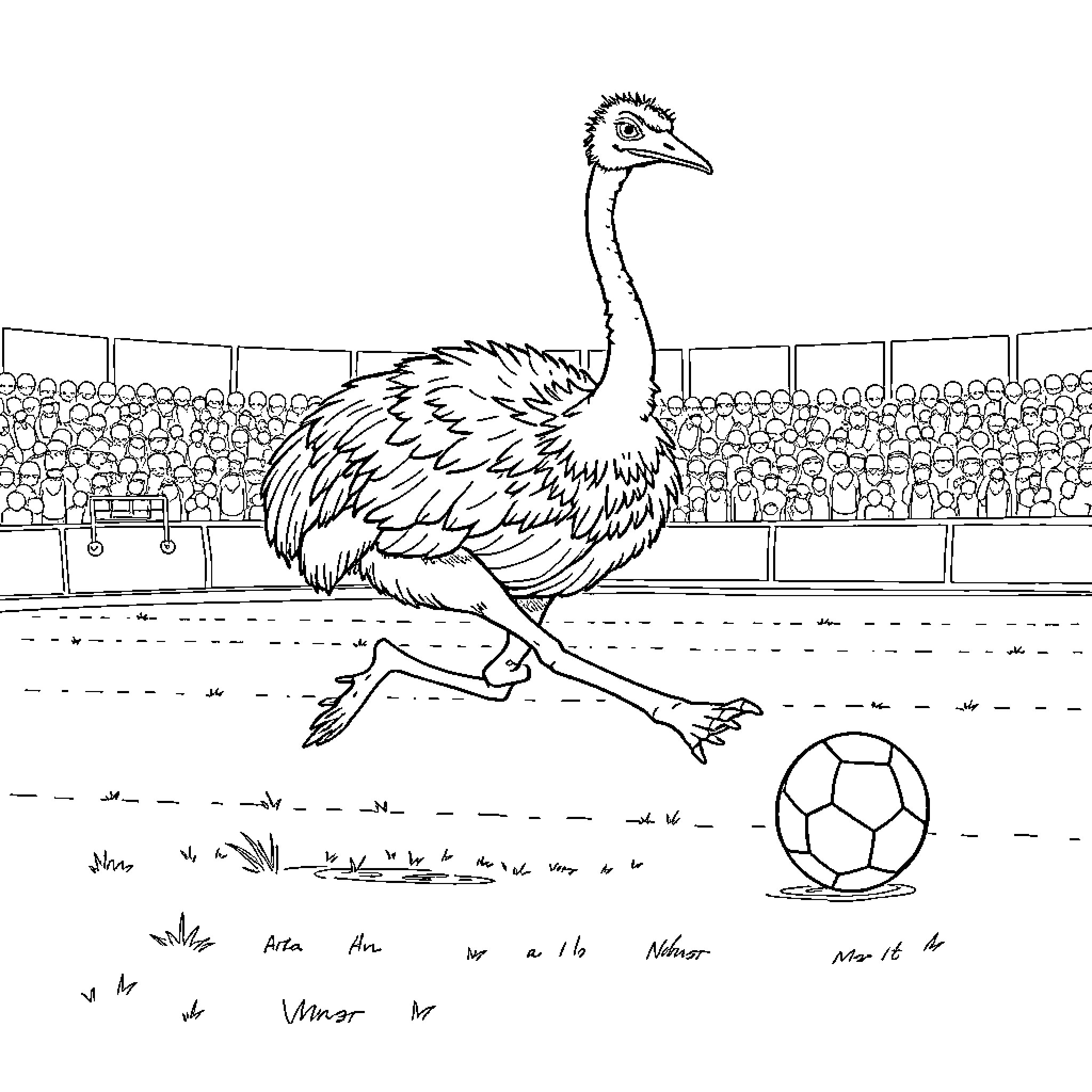 Ostrich playing soccer in a sports stadium Coloring Page (free black-and-white line drawing printable PDF for all, from beginners to advanced learners, including children, teens, adults, and seniors)
