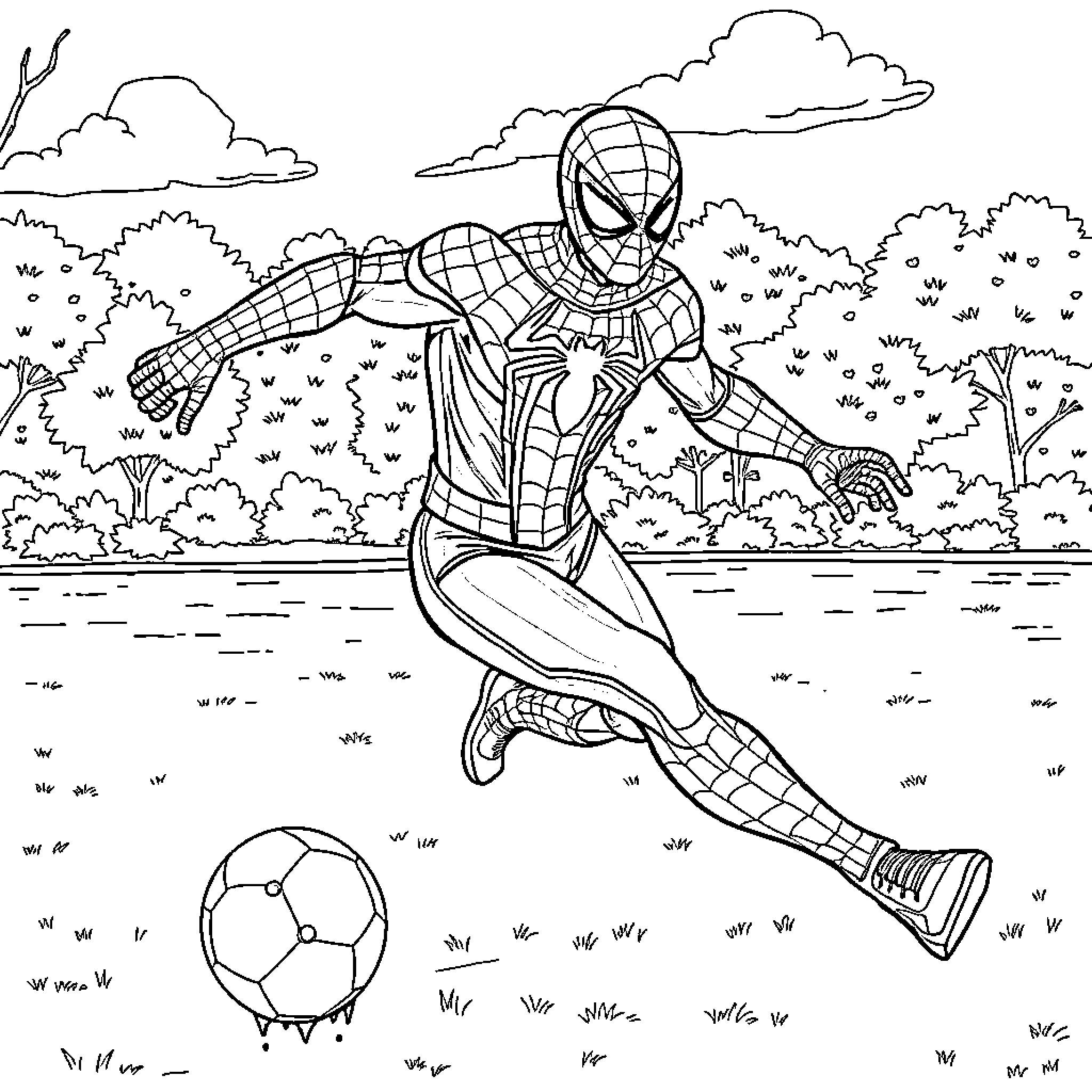 Spider-Man swinging through nature with soccer ball Coloring Page (free black-and-white line drawing printable PDF for all, from beginners to advanced learners, including children, teens, adults, and seniors)