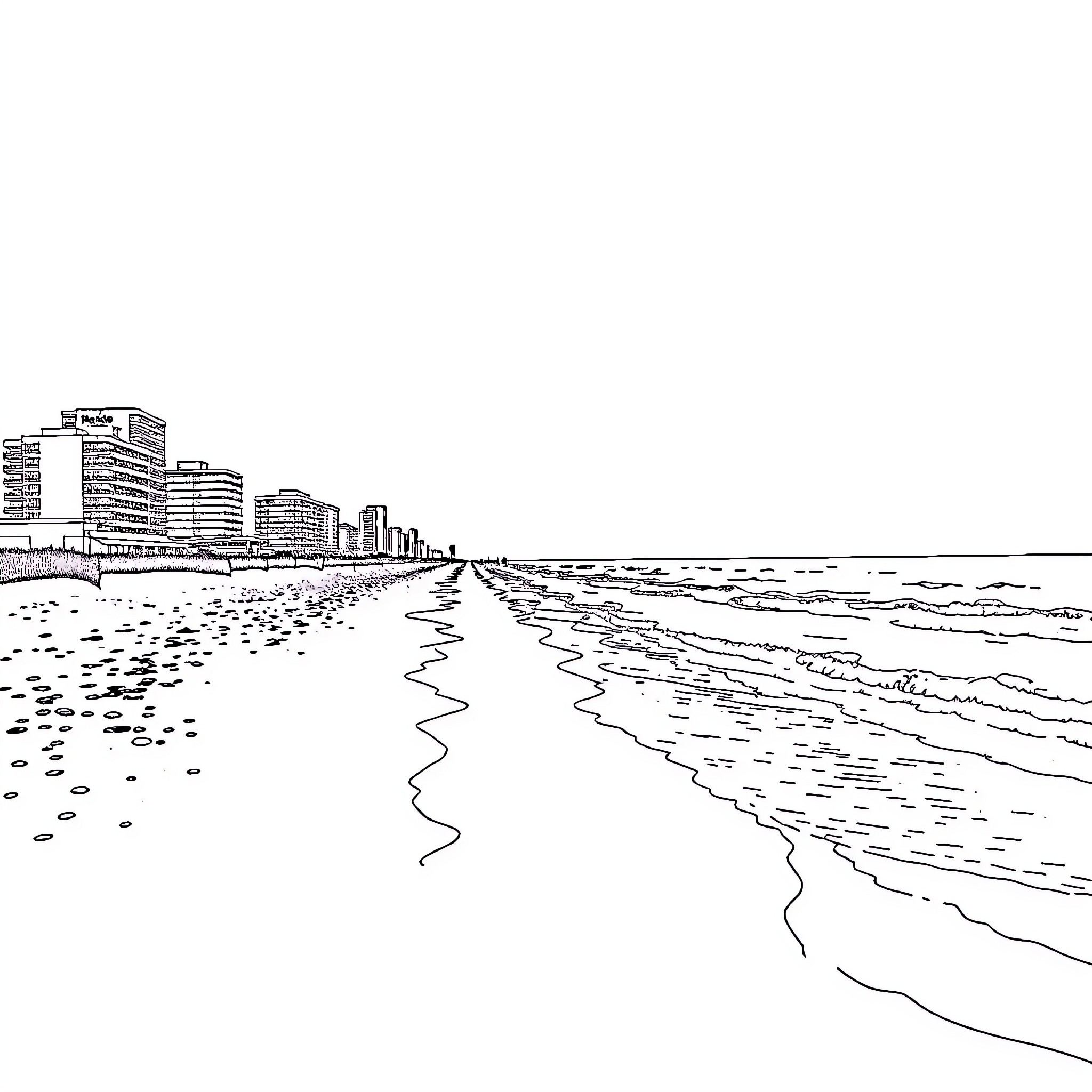 Myrtle Beach skyline along the shoreline Coloring Page (free black-and-white line drawing printable PDF for all, from beginners to advanced learners, including children, teens, adults, and seniors)