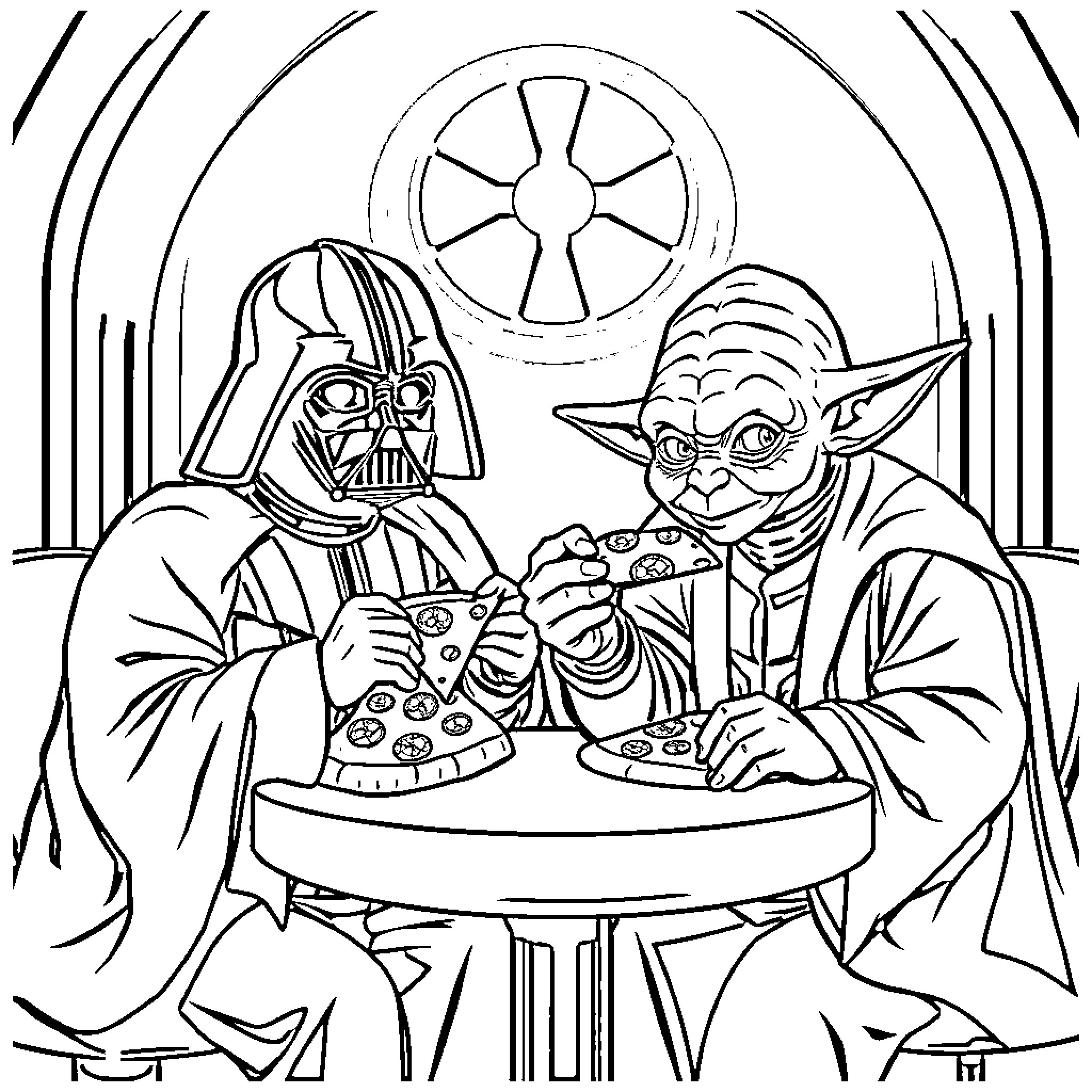 Star Wars characters Darth Vader and Yoda sharing a meal Coloring Page (free black-and-white line drawing printable PDF for all, from beginners to advanced learners, including children, teens, adults, and seniors)