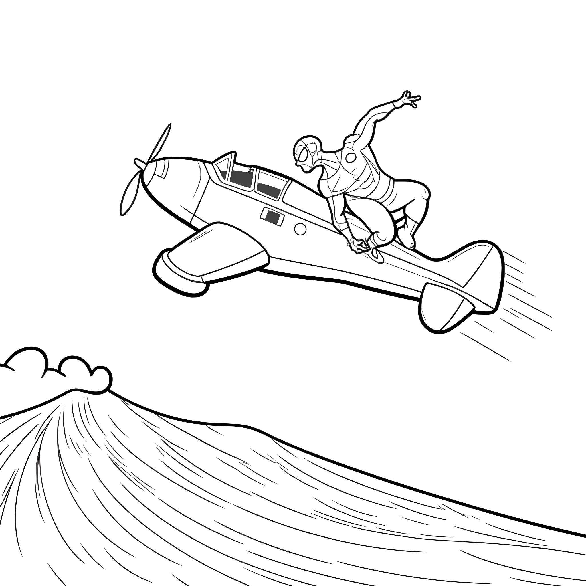 Spider-Man soaring through the sky in a biplane Coloring Page (free black-and-white line drawing printable PDF for all, from beginners to advanced learners, including children, teens, adults, and seniors)