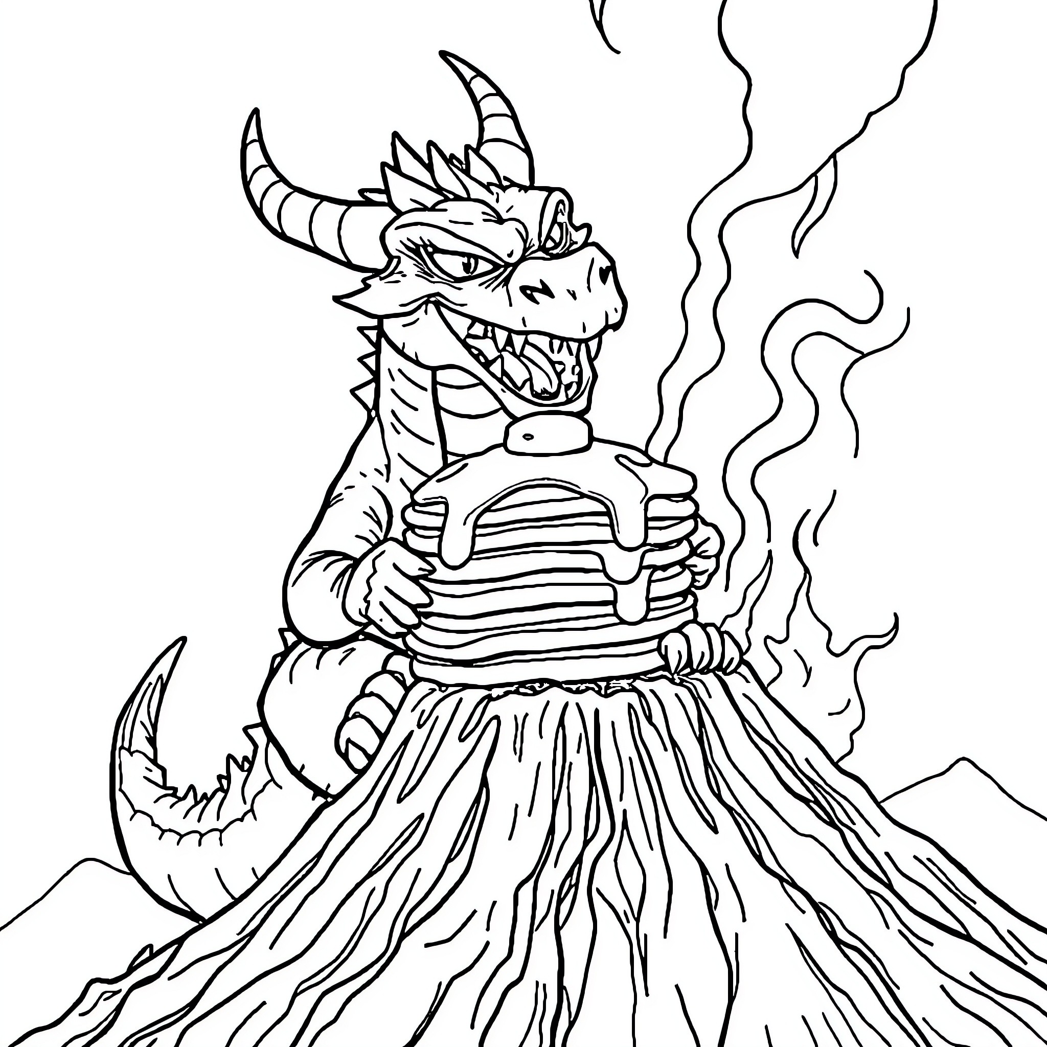 Dragon cooking pancakes over a fiery volcano Coloring Page (free black-and-white line drawing printable PDF for all, from beginners to advanced learners, including children, teens, adults, and seniors)
