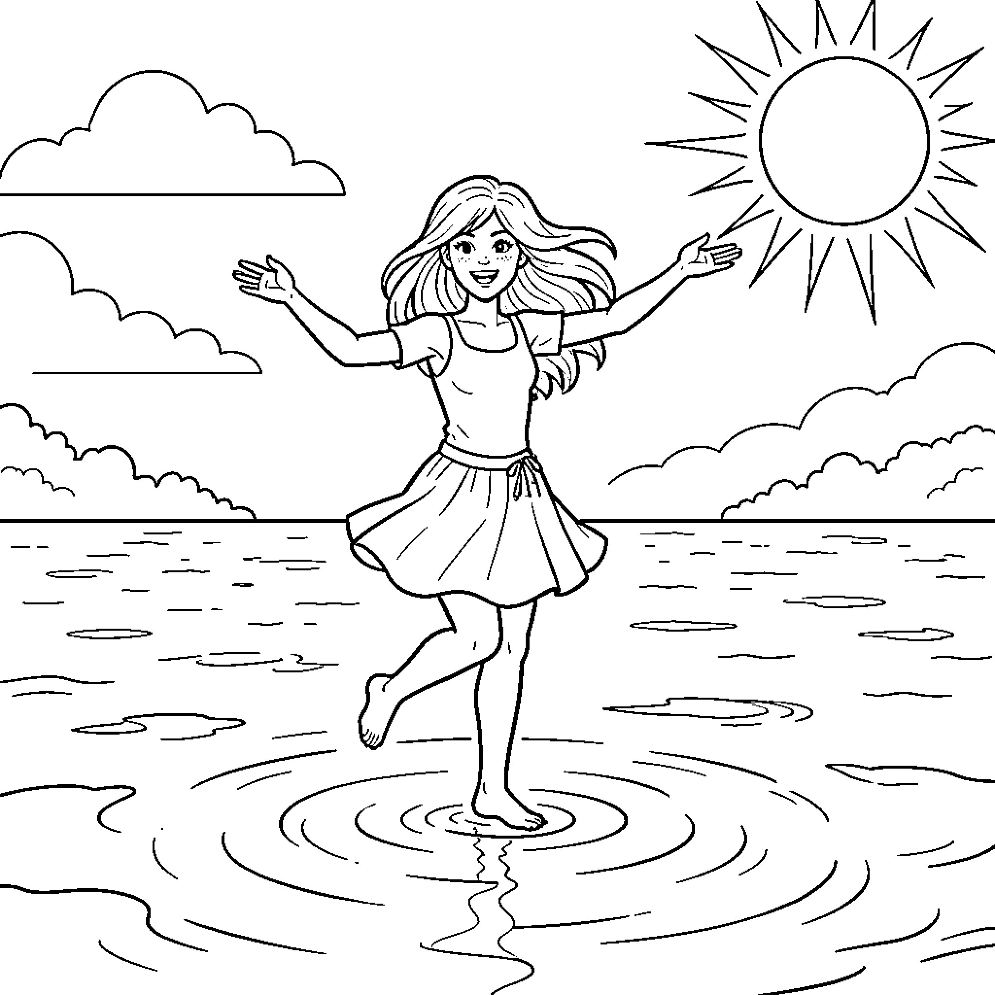 Dancer joyfully performing on the beach Coloring Page (free black-and-white line drawing printable PDF for all, from beginners to advanced learners, including children, teens, adults, and seniors)