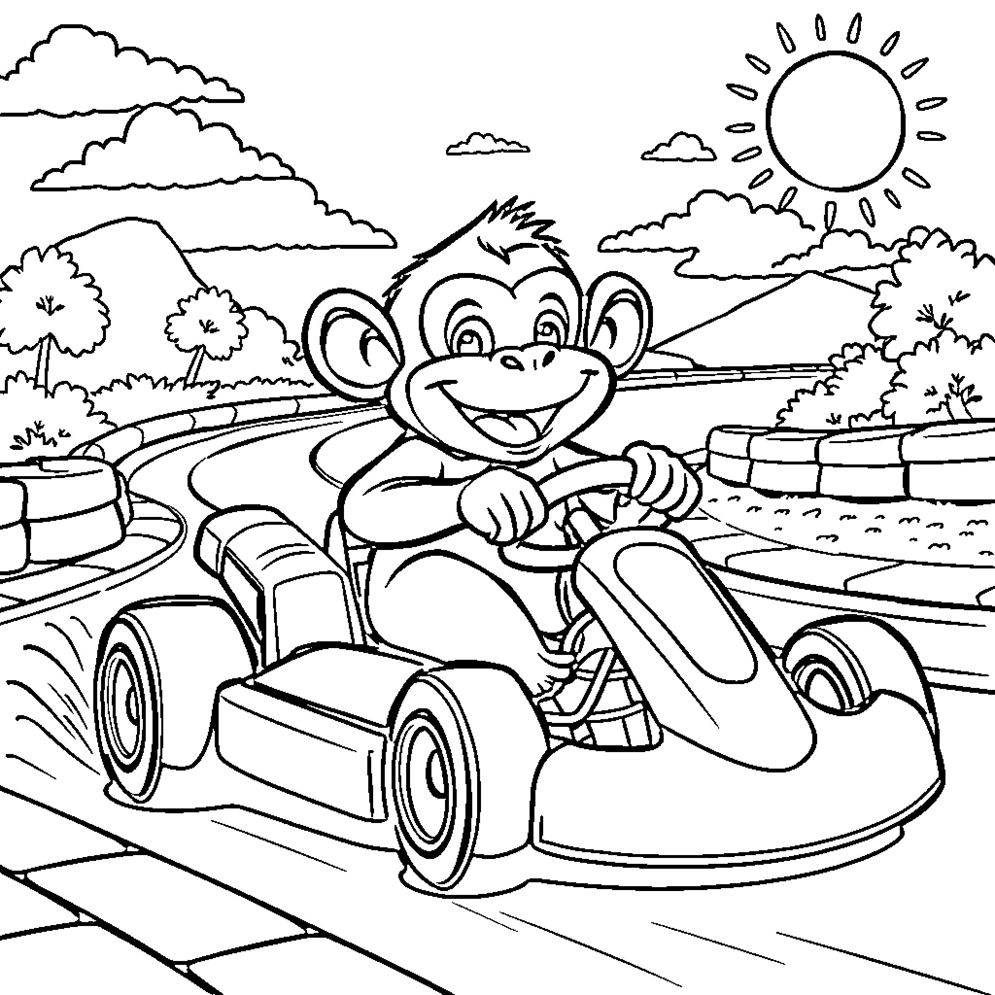 Monkey driving a race car in the countryside Coloring Page (free black-and-white line drawing printable PDF for all, from beginners to advanced learners, including children, teens, adults, and seniors)