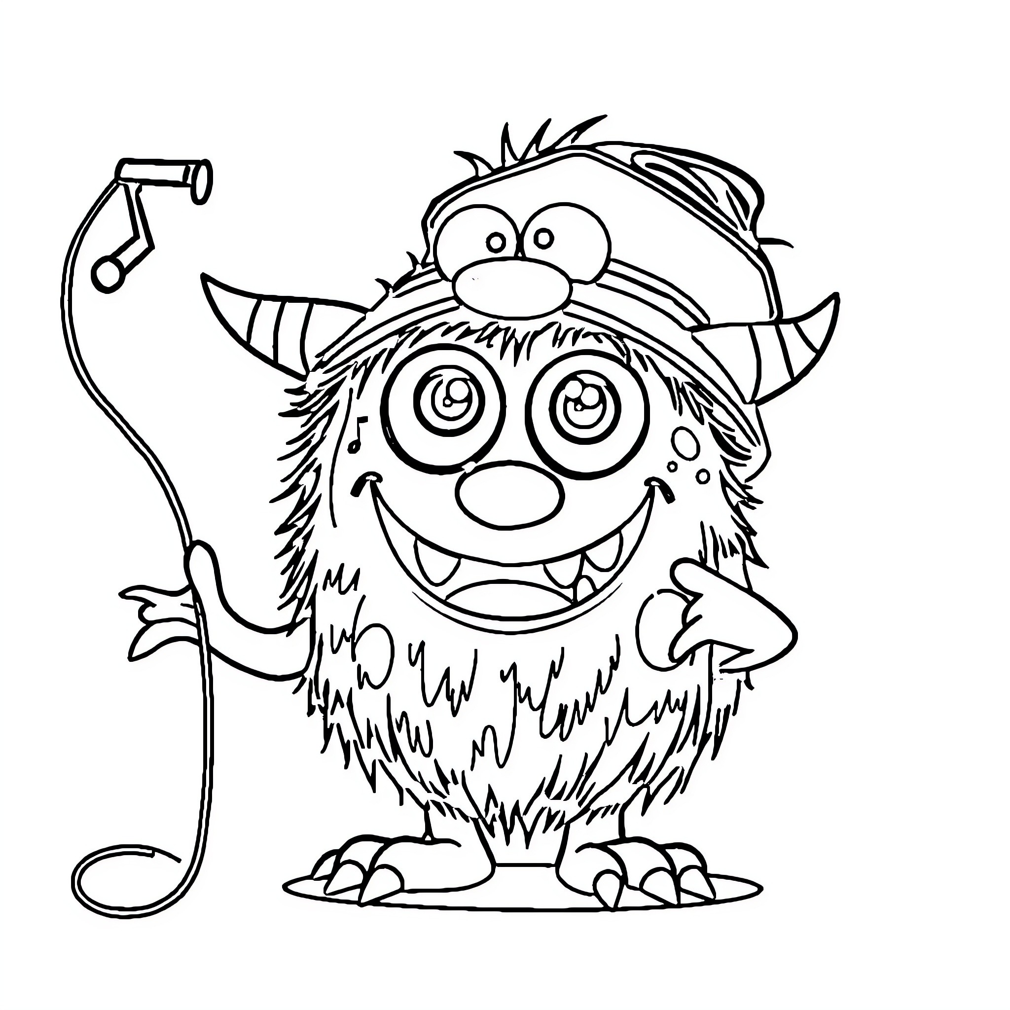 Monster playing a musical instrument with excitement Coloring Page (free black-and-white line drawing printable PDF for all, from beginners to advanced learners, including children, teens, adults, and seniors)