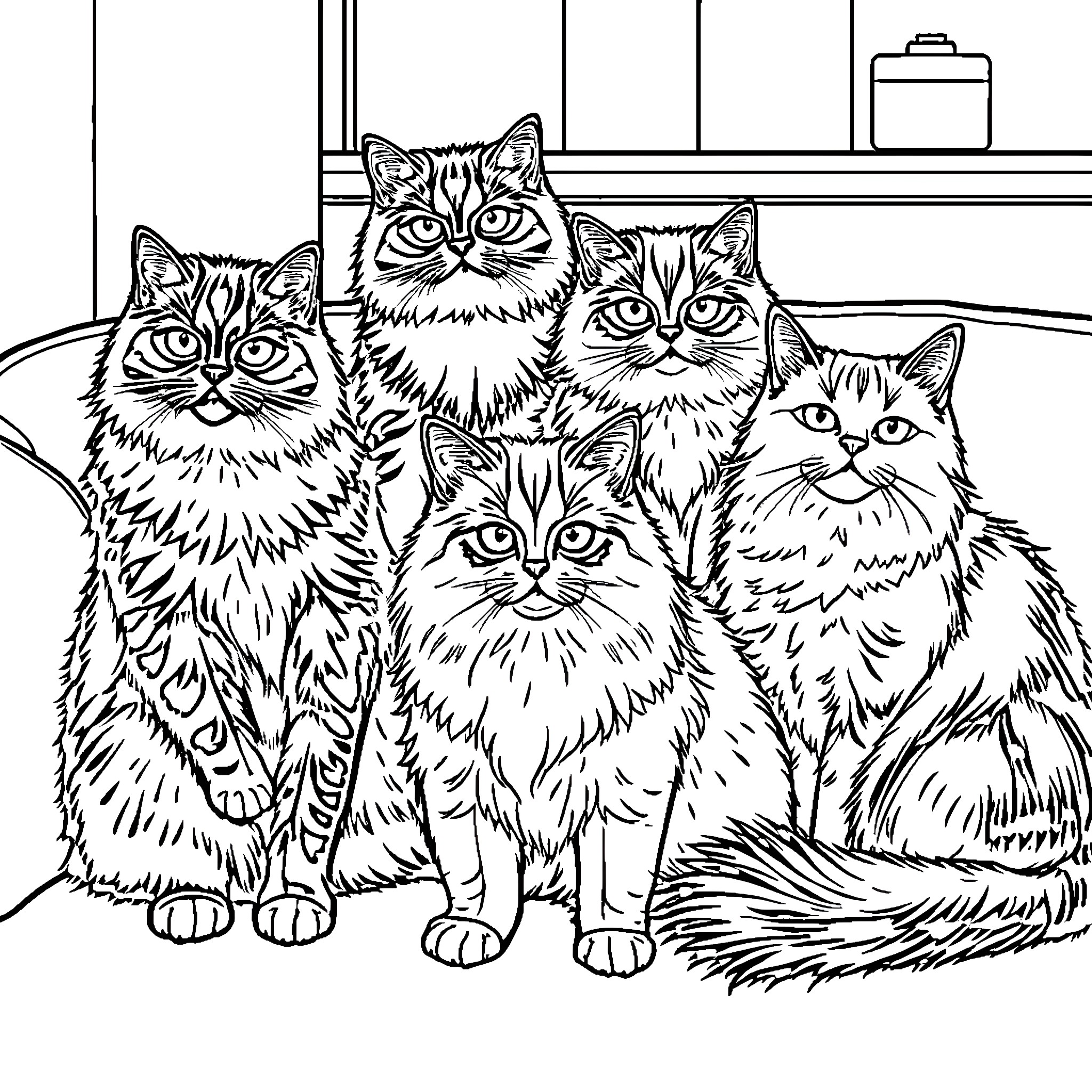 Cat family portrait in a cozy home Coloring Page (free black-and-white line drawing printable PDF for all, from beginners to advanced learners, including children, teens, adults, and seniors)