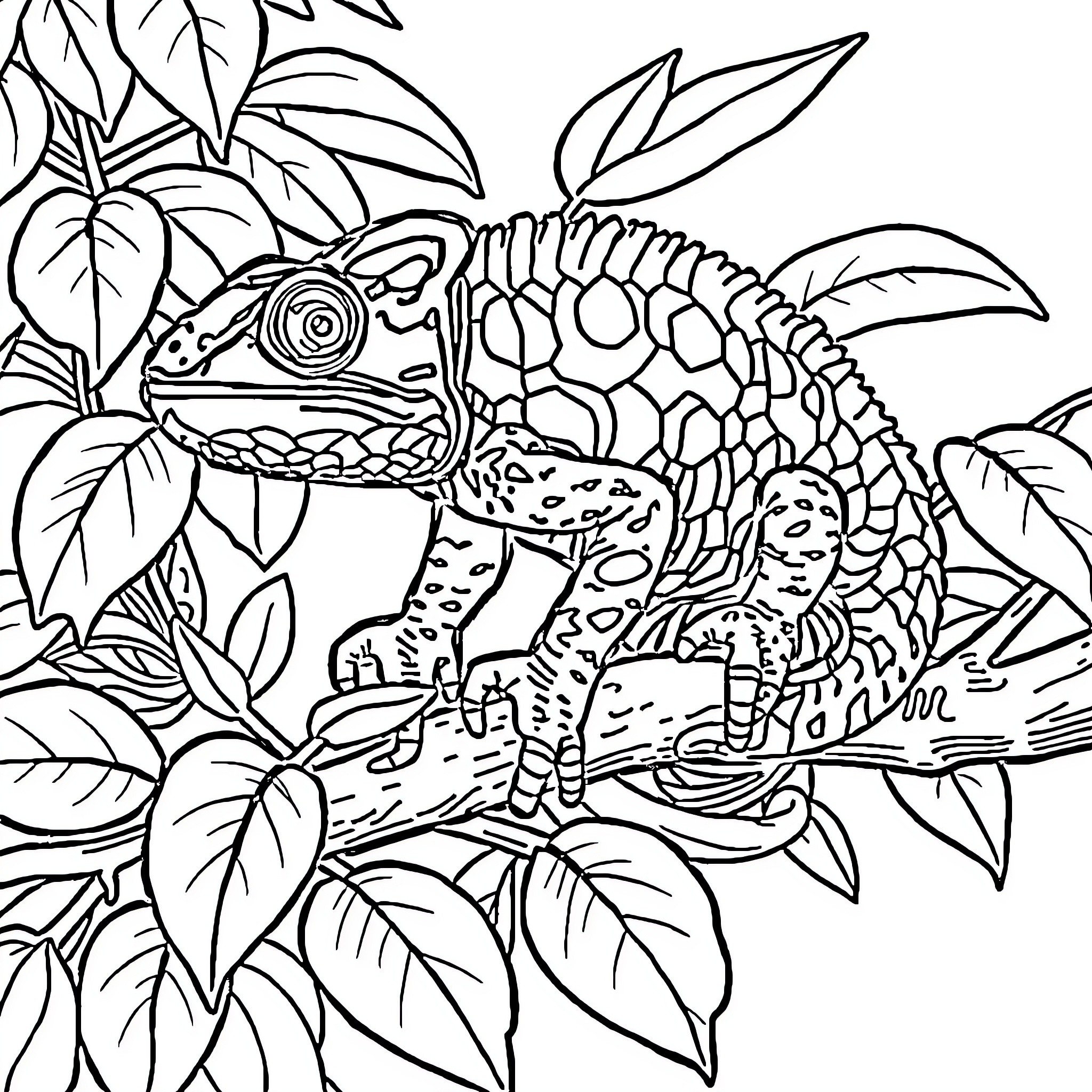 Chameleon exploring lush foliage Coloring Page (free black-and-white line drawing printable PDF for all, from beginners to advanced learners, including children, teens, adults, and seniors)