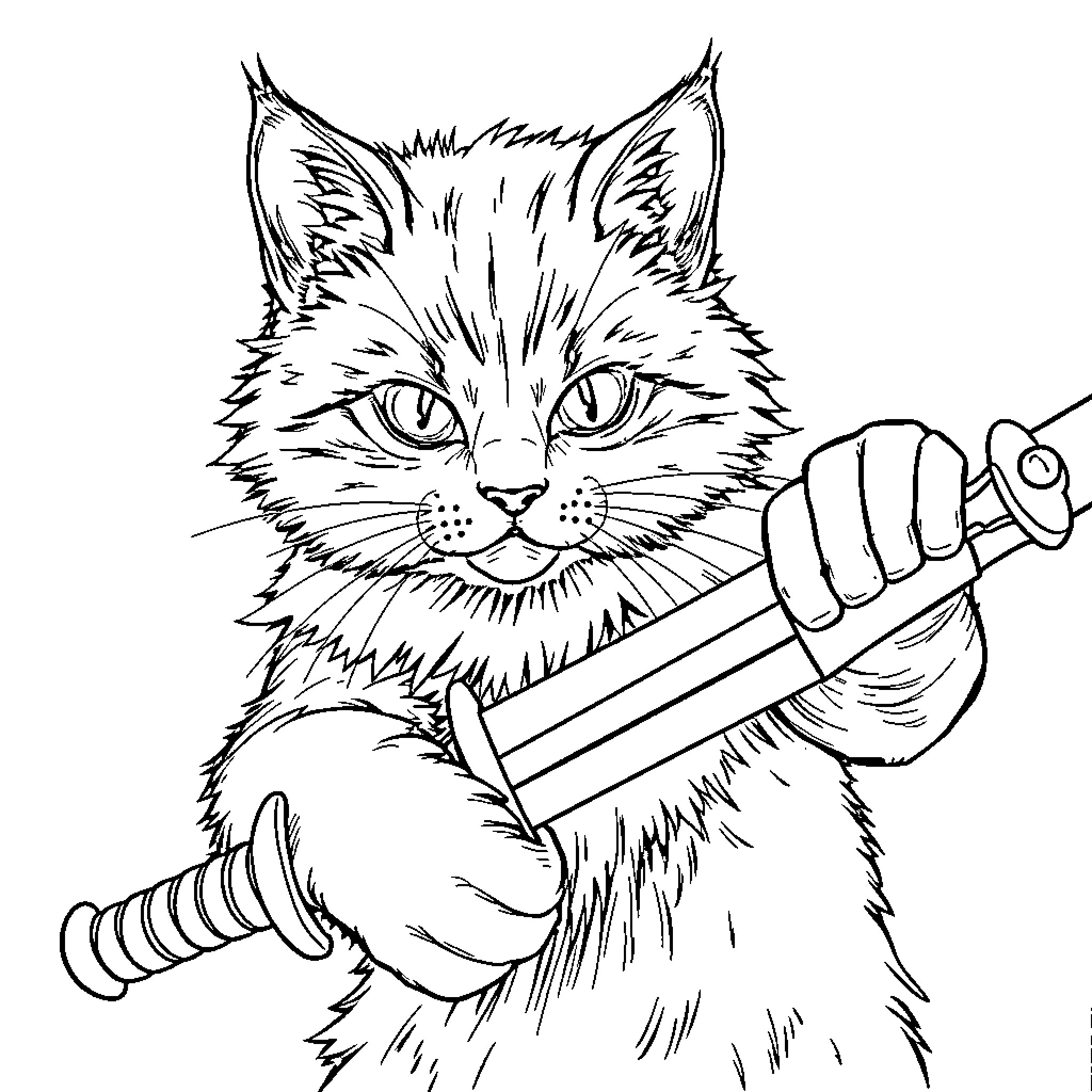 Cat wielding a sword Coloring Page (free black-and-white line drawing printable PDF for all, from beginners to advanced learners, including children, teens, adults, and seniors)