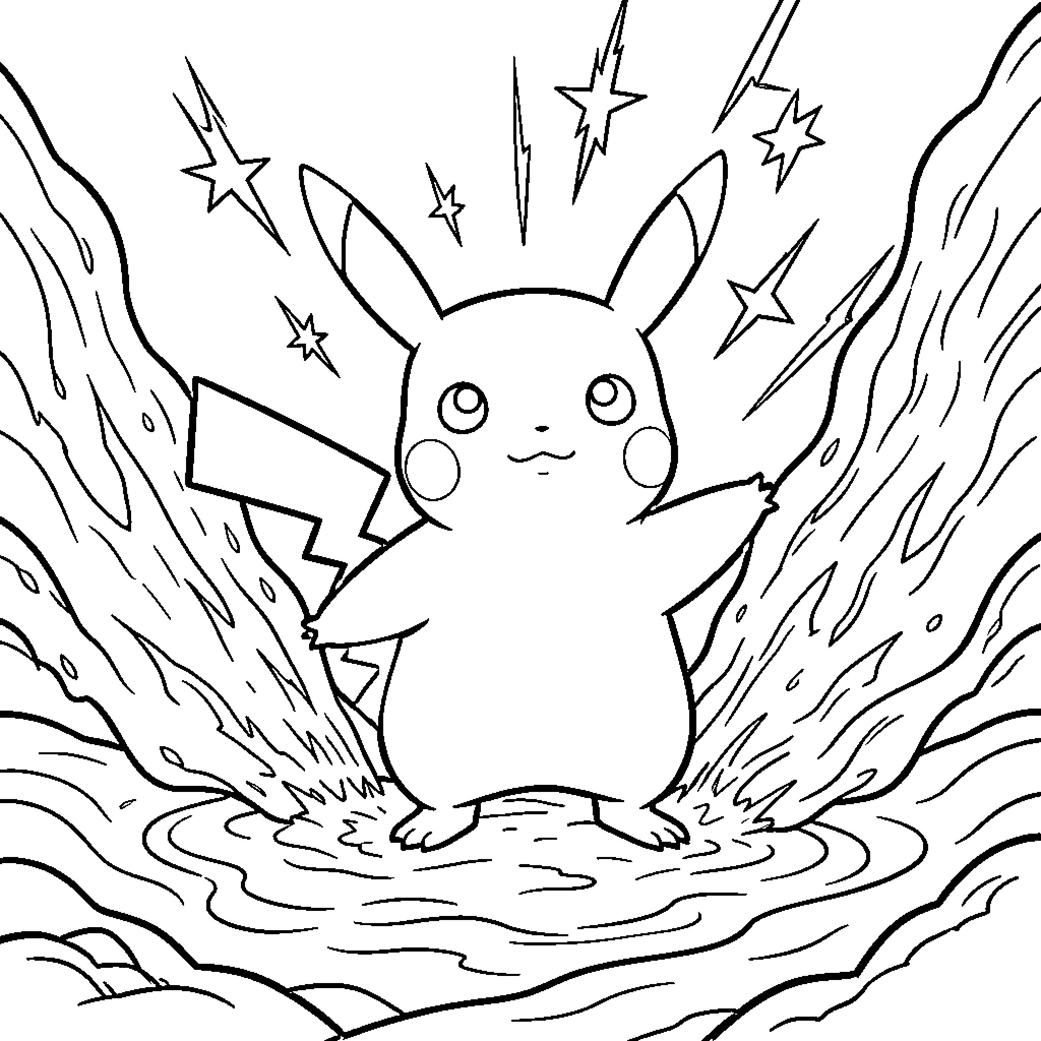 Pikachu celebrating with sparkling stars and energy Coloring Page (free black-and-white line drawing printable PDF for all, from beginners to advanced learners, including children, teens, adults, and seniors)
