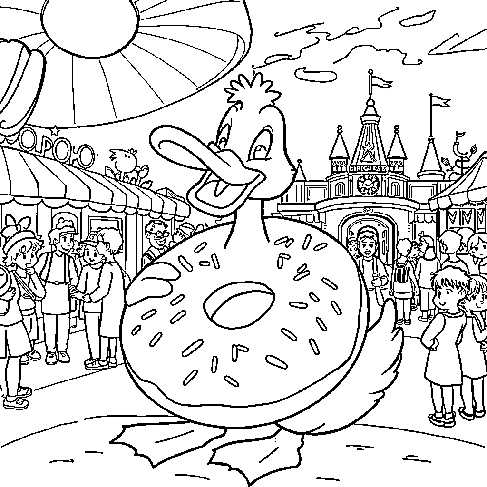 Duck enjoying a day at the carnival Coloring Page (free black-and-white line drawing printable PDF for all, from beginners to advanced learners, including children, teens, adults, and seniors)
