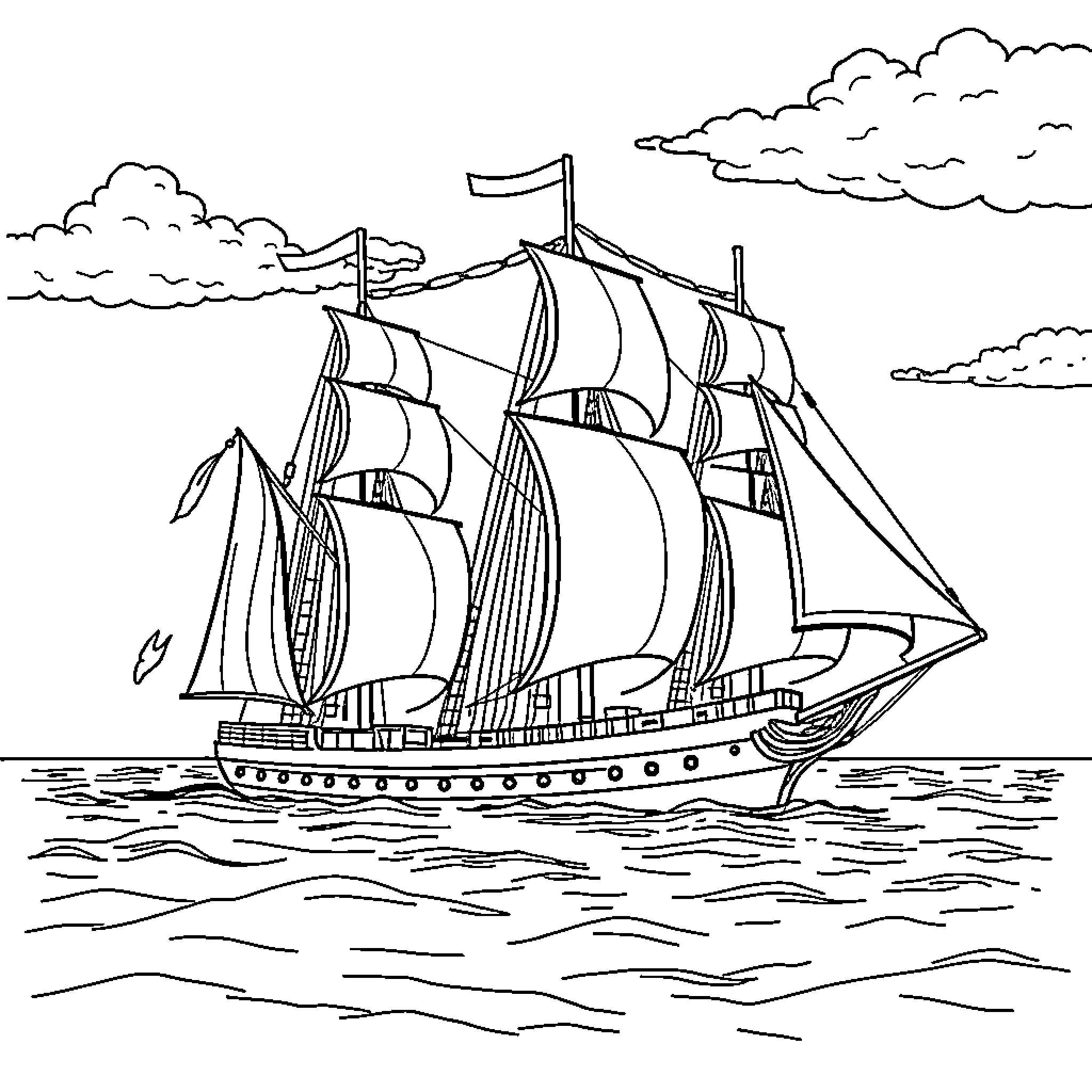 Ship sailing through the open sea Coloring Page (free black-and-white line drawing printable PDF for all, from beginners to advanced learners, including children, teens, adults, and seniors)