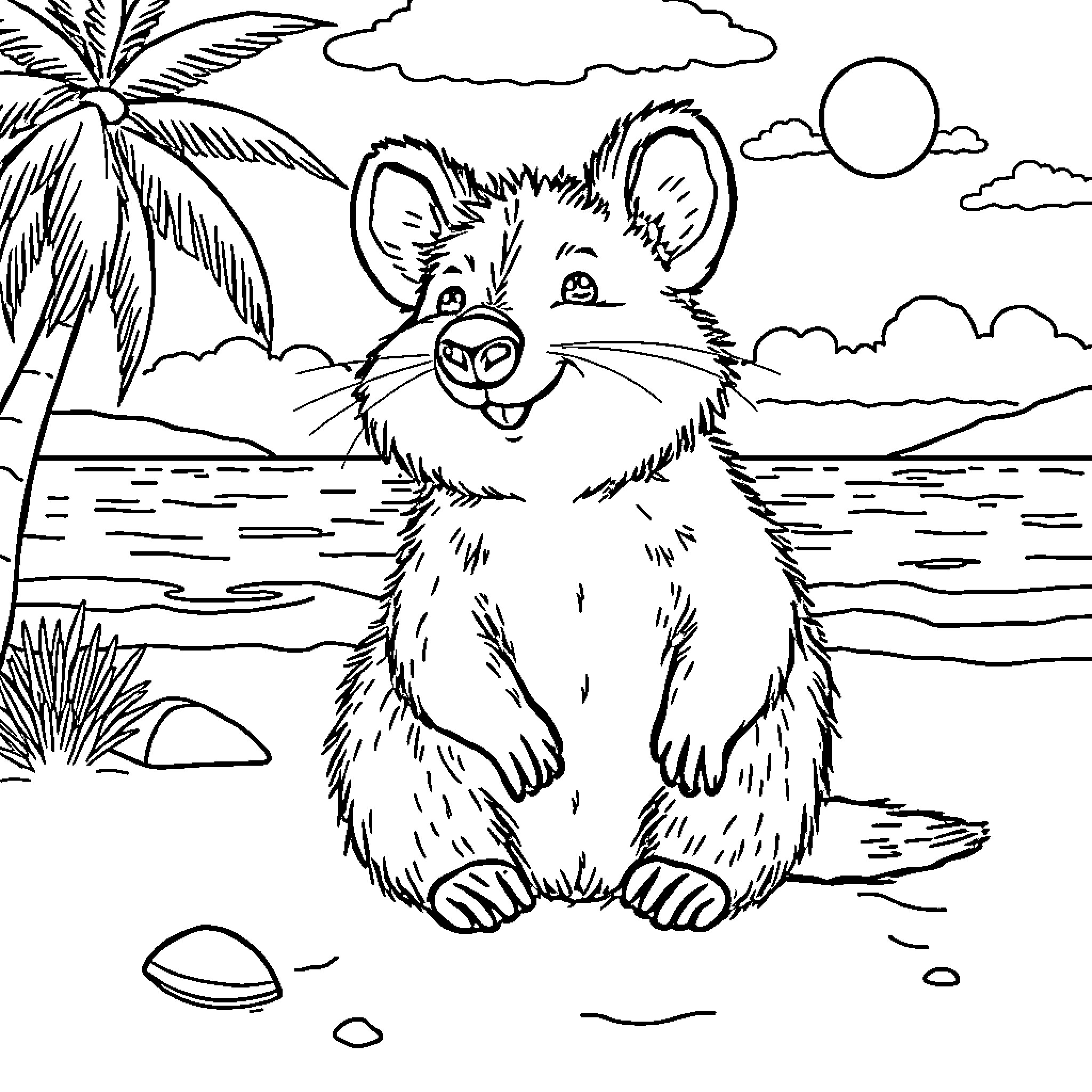 Quokka enjoying tropical beach scenery Coloring Page (free black-and-white line drawing printable PDF for all, from beginners to advanced learners, including children, teens, adults, and seniors)
