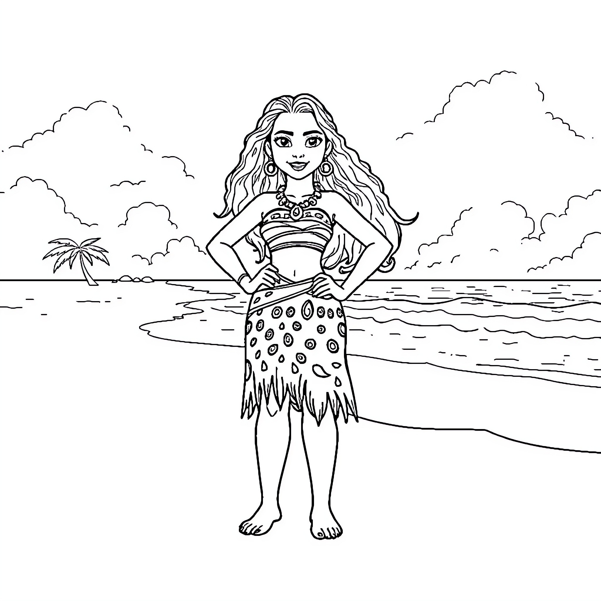 Moana enjoying the tropical beach scene Coloring Page (free black-and-white line drawing printable PDF for all, from beginners to advanced learners, including children, teens, adults, and seniors)