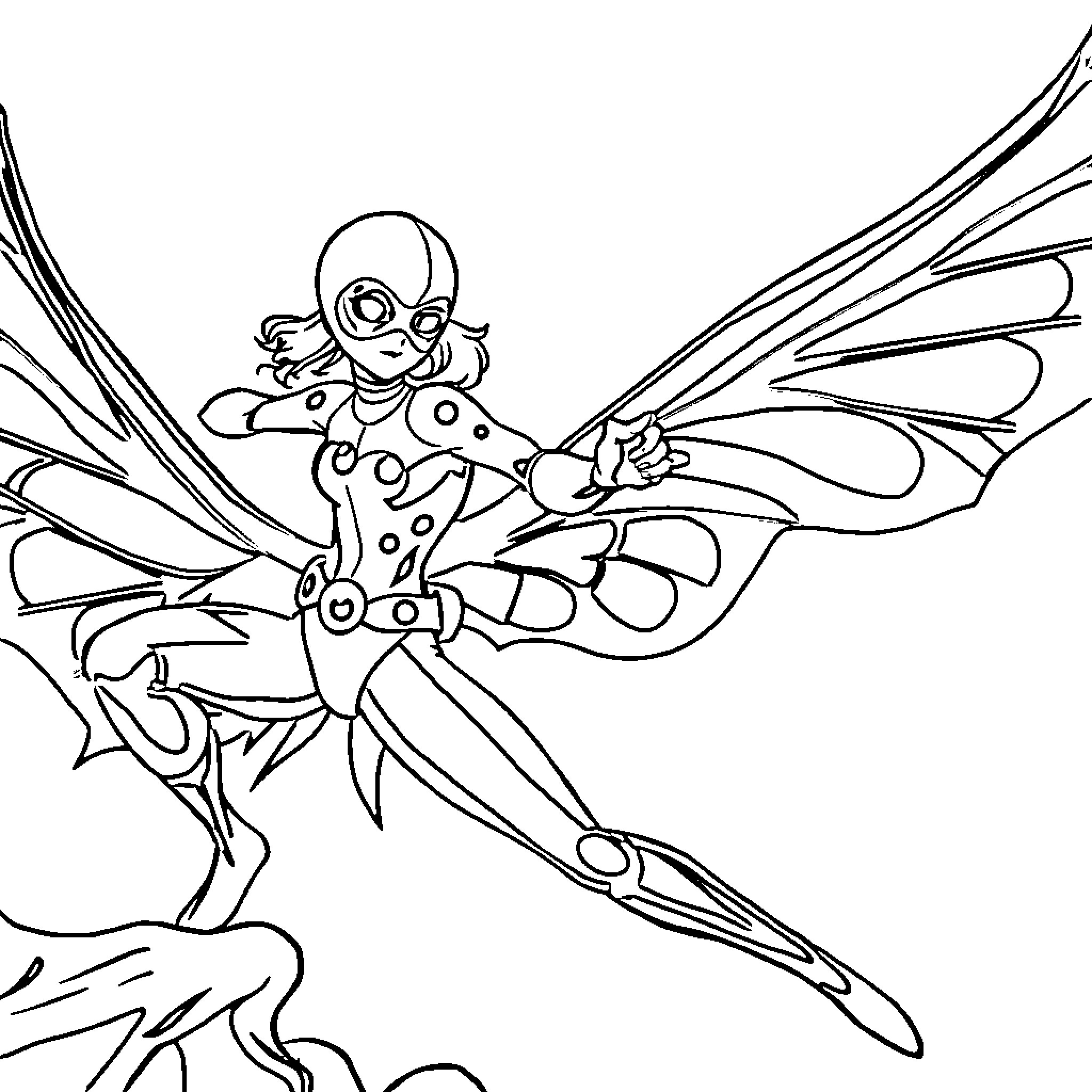 Ladybug playing with mechanical wings Coloring Page (free black-and-white line drawing printable PDF for all, from beginners to advanced learners, including children, teens, adults, and seniors)