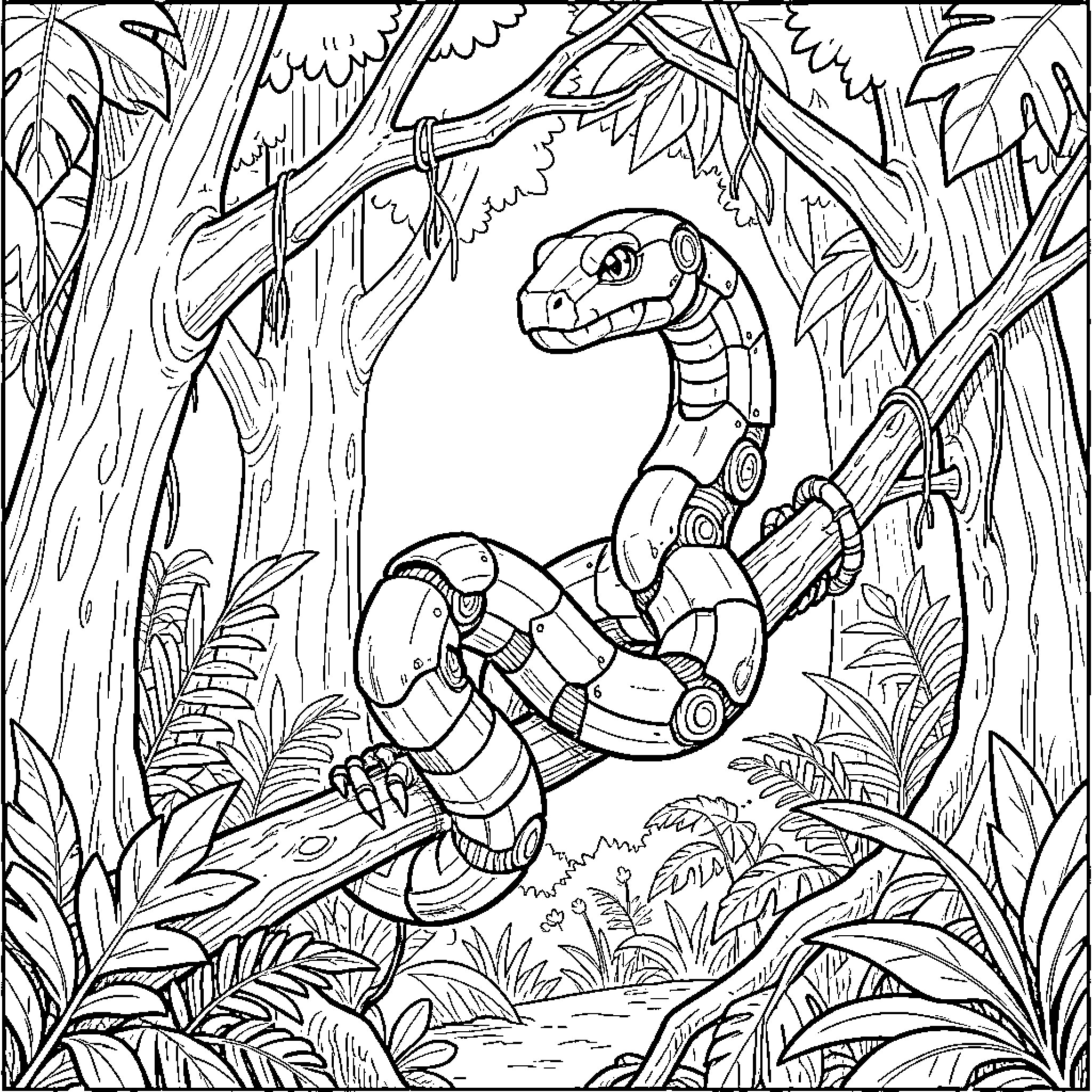 Robot Snake slithering through a lush jungle Coloring Page (free black-and-white line drawing printable PDF for all, from beginners to advanced learners, including children, teens, adults, and seniors)