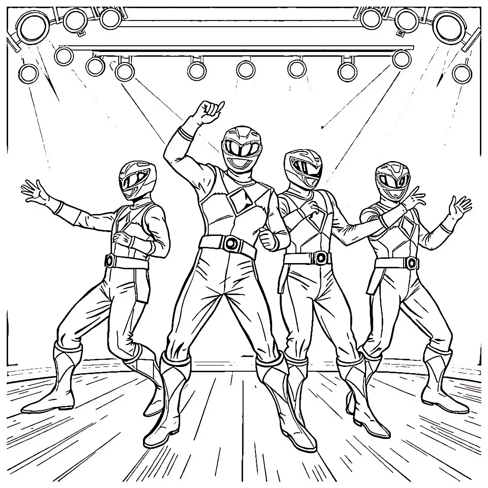 Power Rangers on Stage Performing Heroic Poses Coloring Page (free black-and-white line drawing printable PDF for all, from beginners to advanced learners, including children, teens, adults, and seniors)