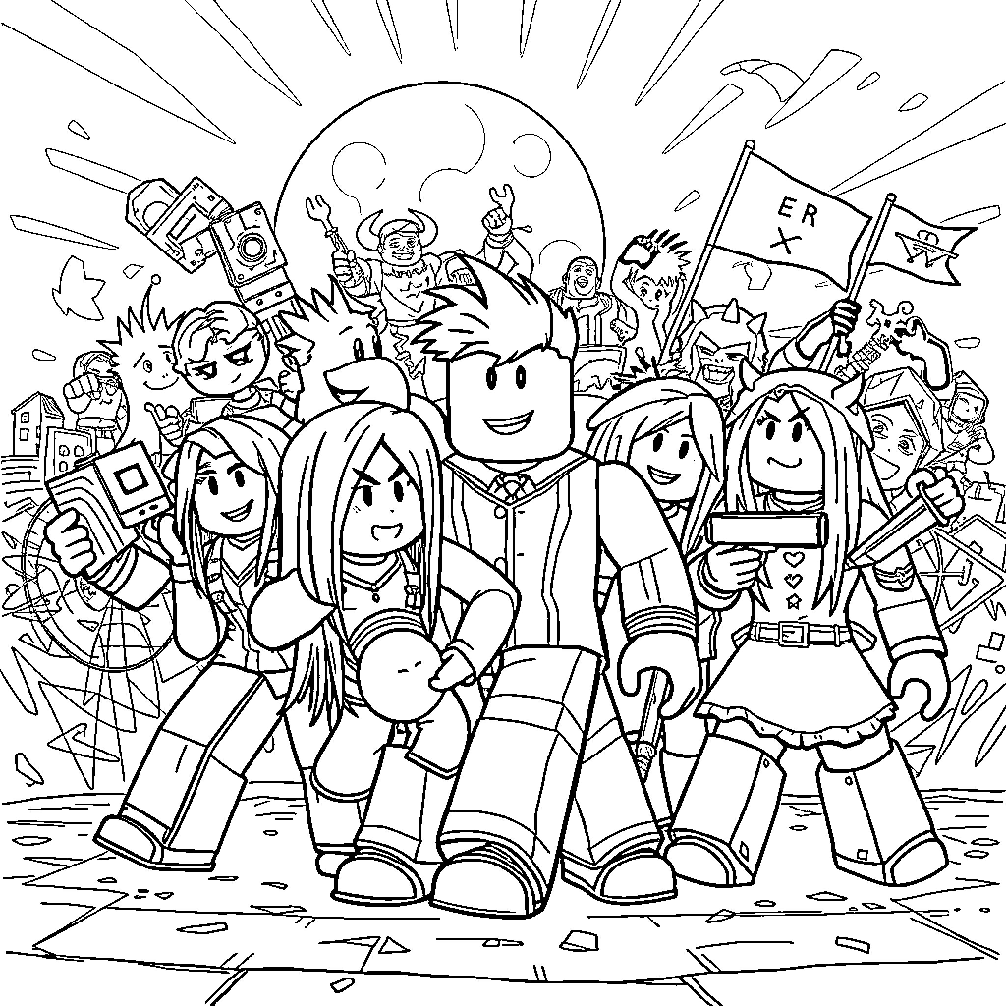 Roblox characters in an action-packed scene Coloring Page (free black-and-white line drawing printable PDF for all, from beginners to advanced learners, including children, teens, adults, and seniors)
