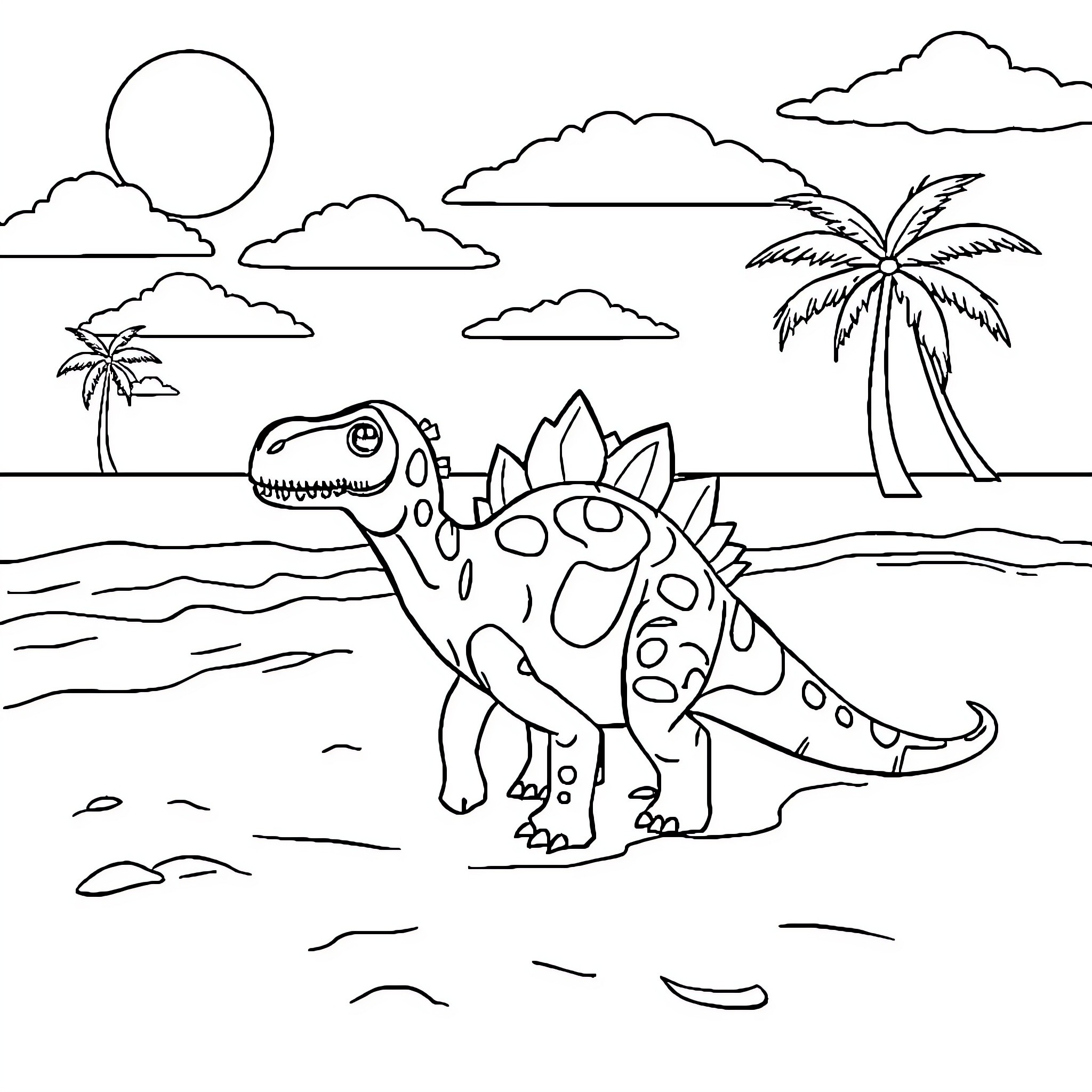 Dinosaur playing on a tropical beach Coloring Page (free black-and-white line drawing printable PDF for all, from beginners to advanced learners, including children, teens, adults, and seniors)