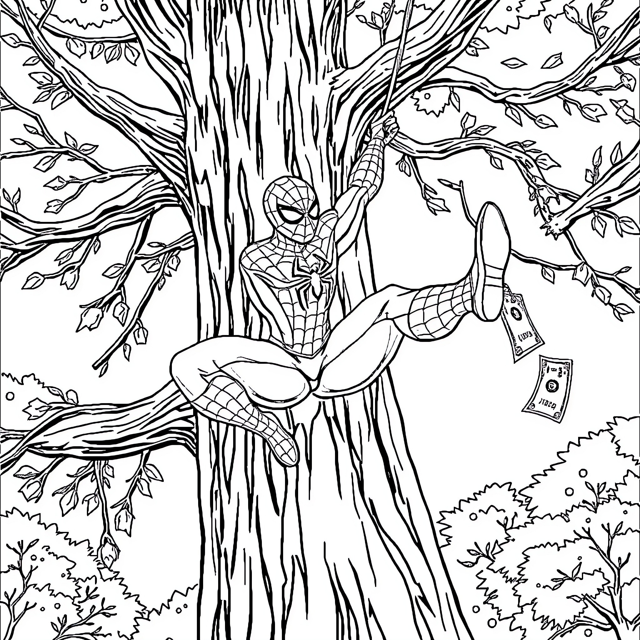 Spiderman swinging through the forest Coloring Page (free black-and-white line drawing printable PDF for all, from beginners to advanced learners, including children, teens, adults, and seniors)