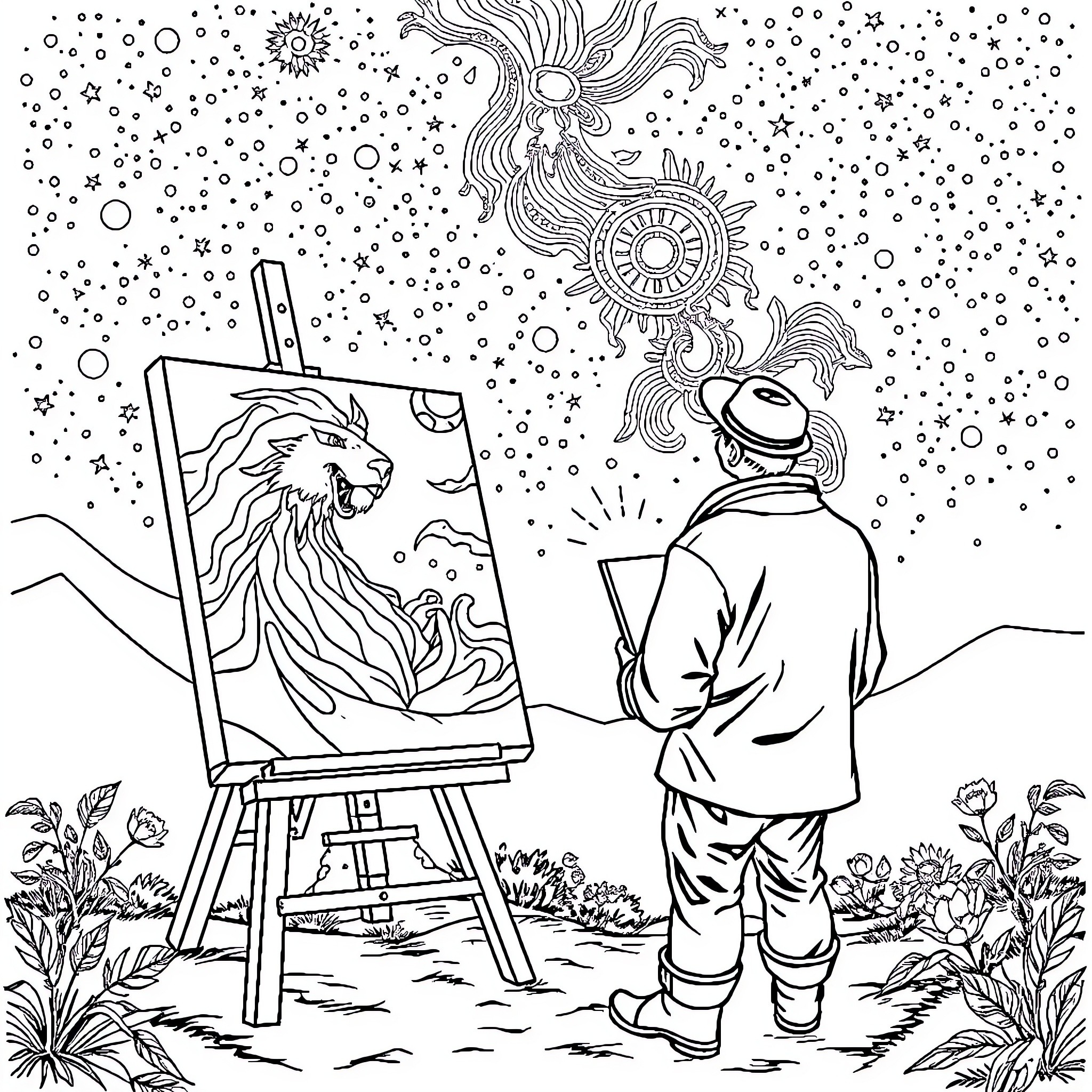 Painter gazing at celestial canvas in nature Coloring Page (free black-and-white line drawing printable PDF for all, from beginners to advanced learners, including children, teens, adults, and seniors)