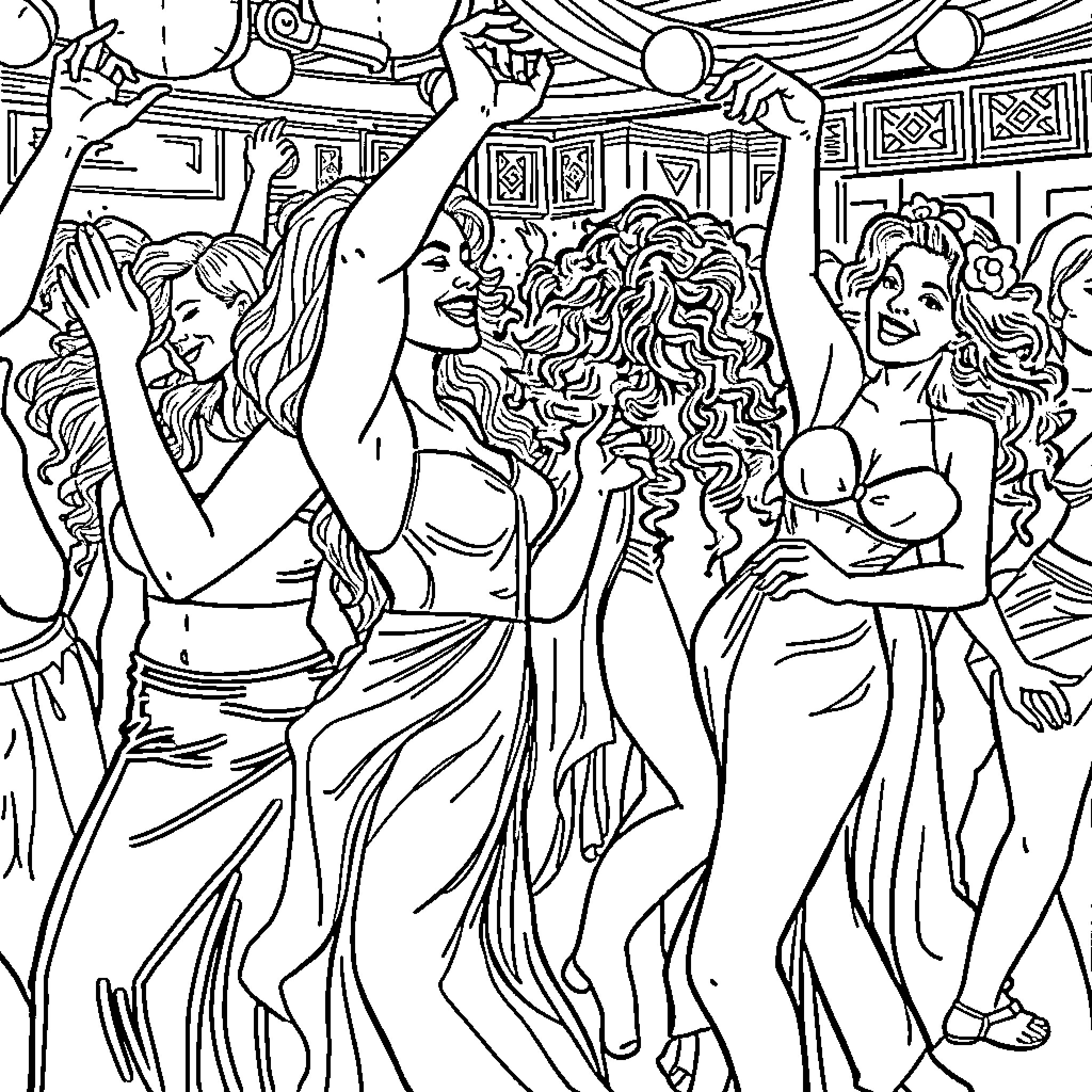 Women dancing joyfully in an elegant setting Coloring Page (free black-and-white line drawing printable PDF for all, from beginners to advanced learners, including children, teens, adults, and seniors)