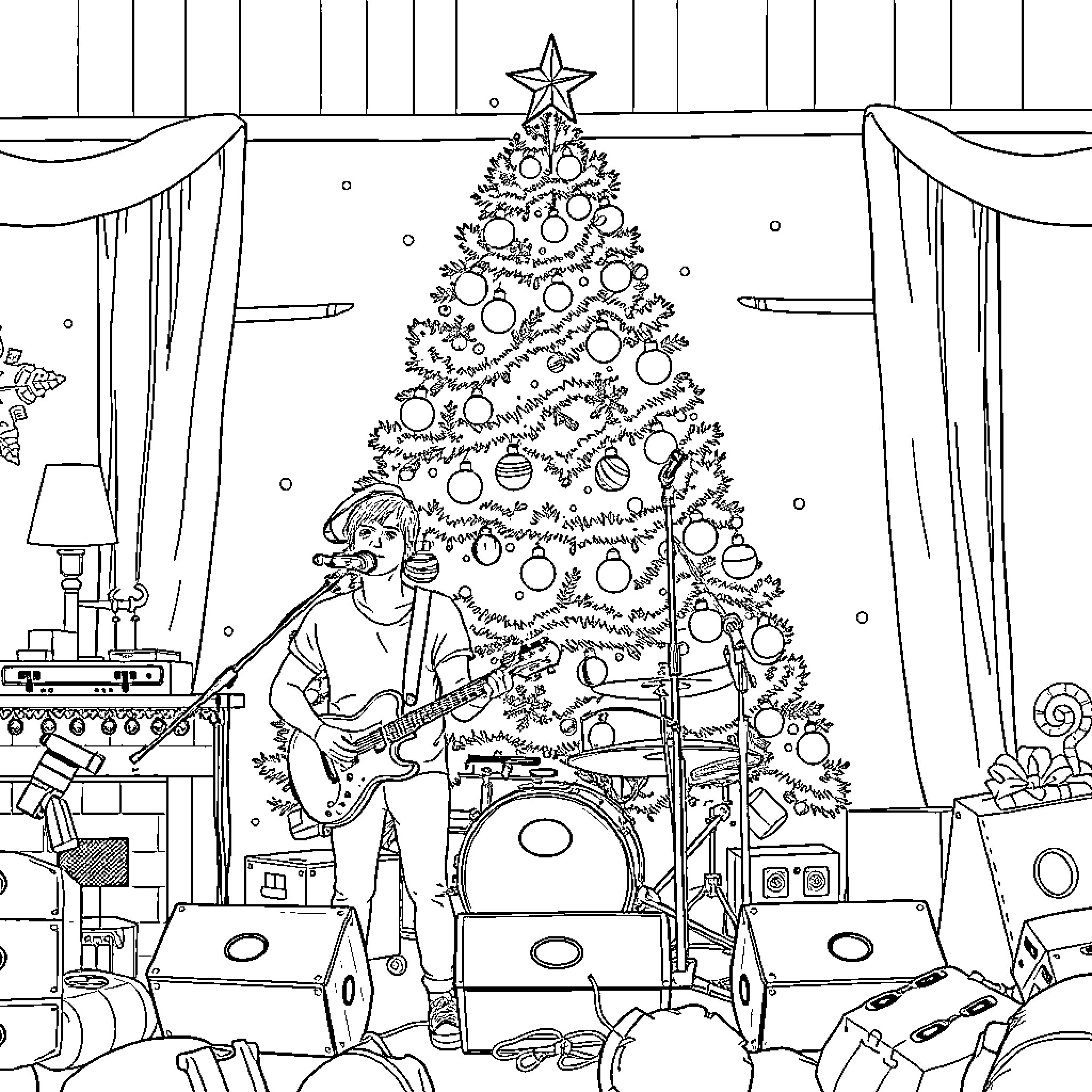 Twenty One Pilots performing on stage with Christmas decor Coloring Page (free black-and-white line drawing printable PDF for all, from beginners to advanced learners, including children, teens, adults, and seniors)