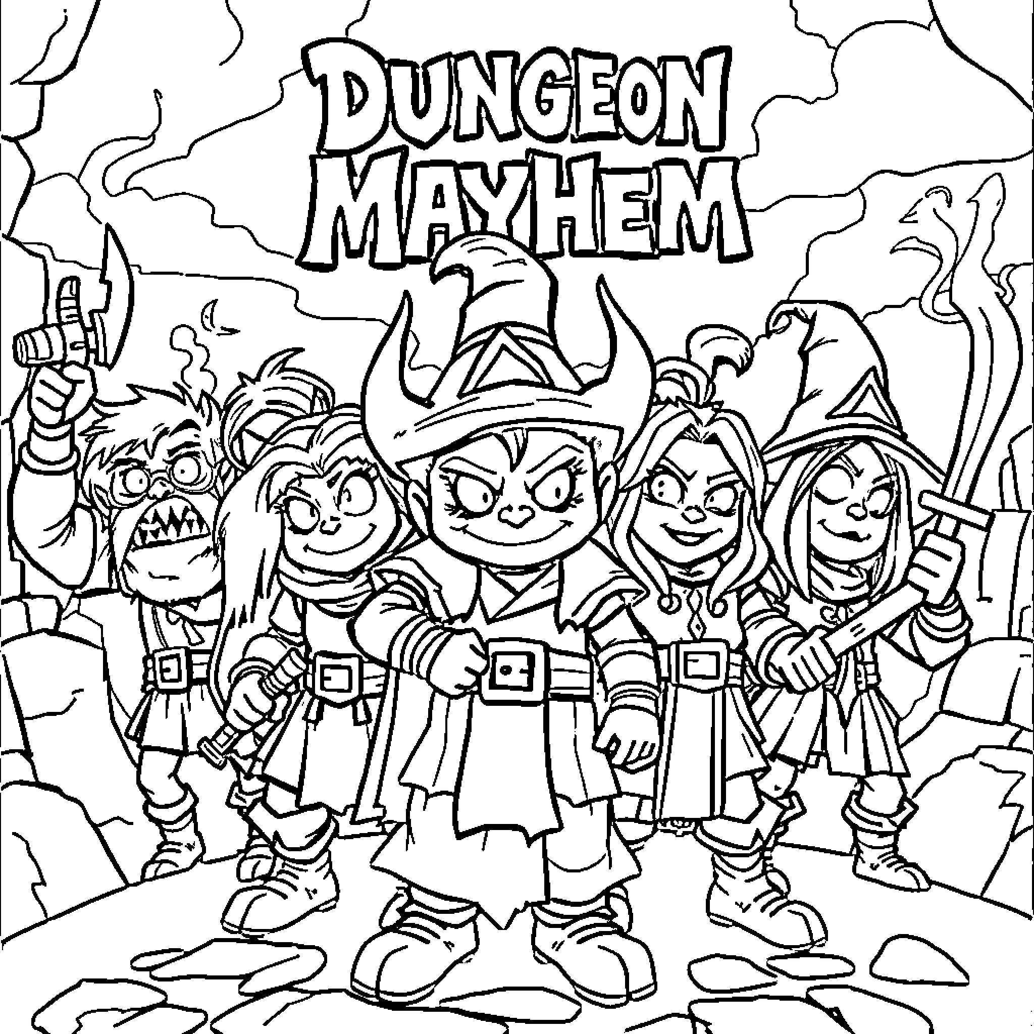 Dungeon Mayhem: Heroes Facing Perilous Adventure Coloring Page (free black-and-white line drawing printable PDF for all, from beginners to advanced learners, including children, teens, adults, and seniors)