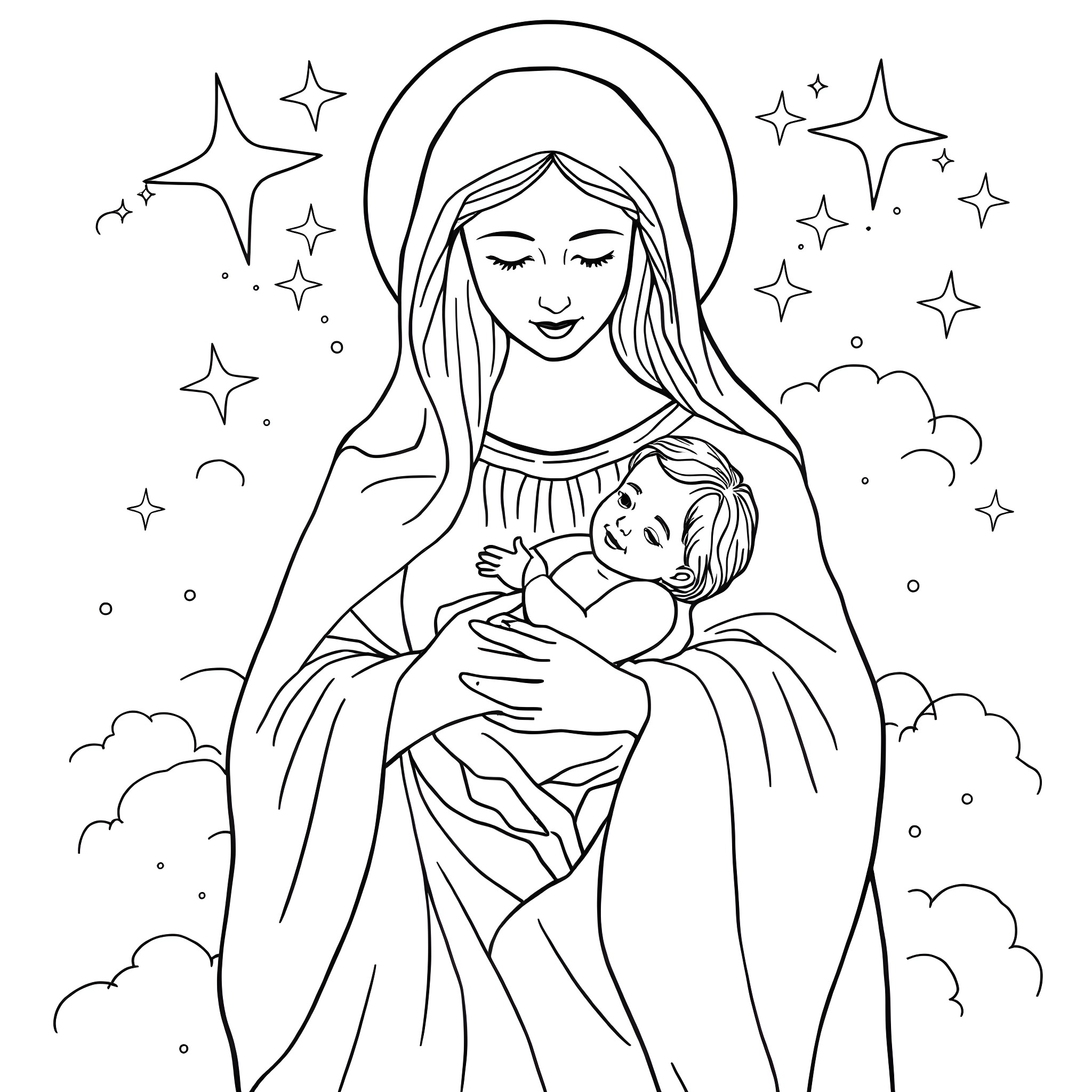 Mary's embrace of a child with a starry background Coloring Page (free black-and-white line drawing printable PDF for all, from beginners to advanced learners, including children, teens, adults, and seniors)