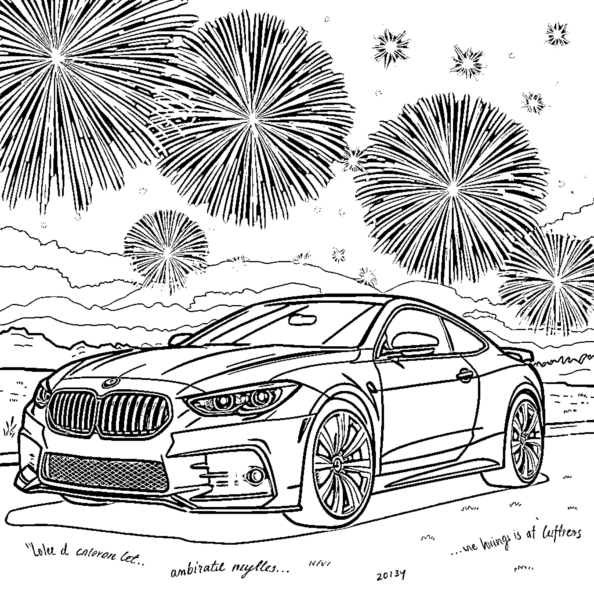 Car speeding through fireworks display Coloring Page (free black-and-white line drawing printable PDF for all, from beginners to advanced learners, including children, teens, adults, and seniors)
