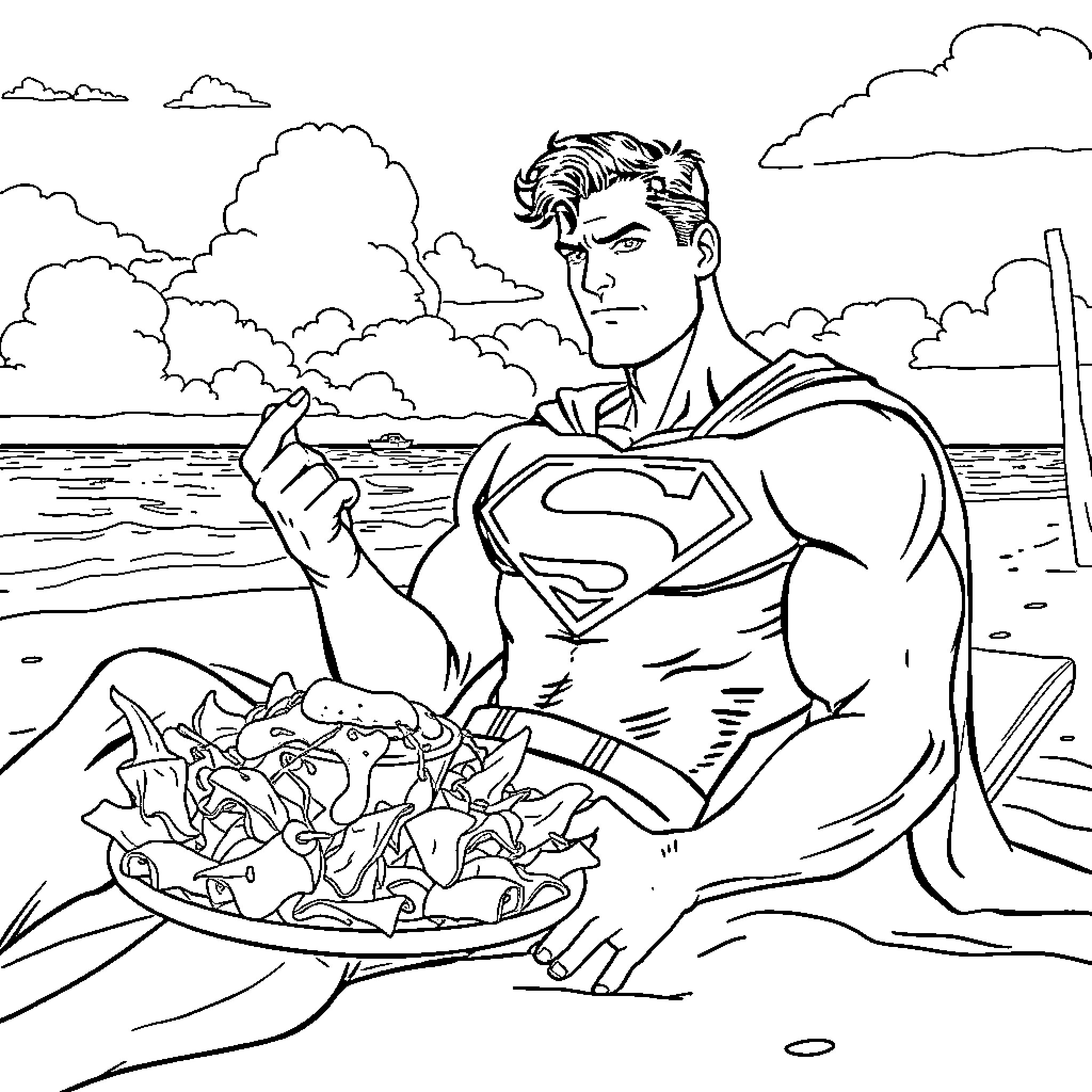 Superman flies over the ocean with a platter of people Coloring Page (free black-and-white line drawing printable PDF for all, from beginners to advanced learners, including children, teens, adults, and seniors)