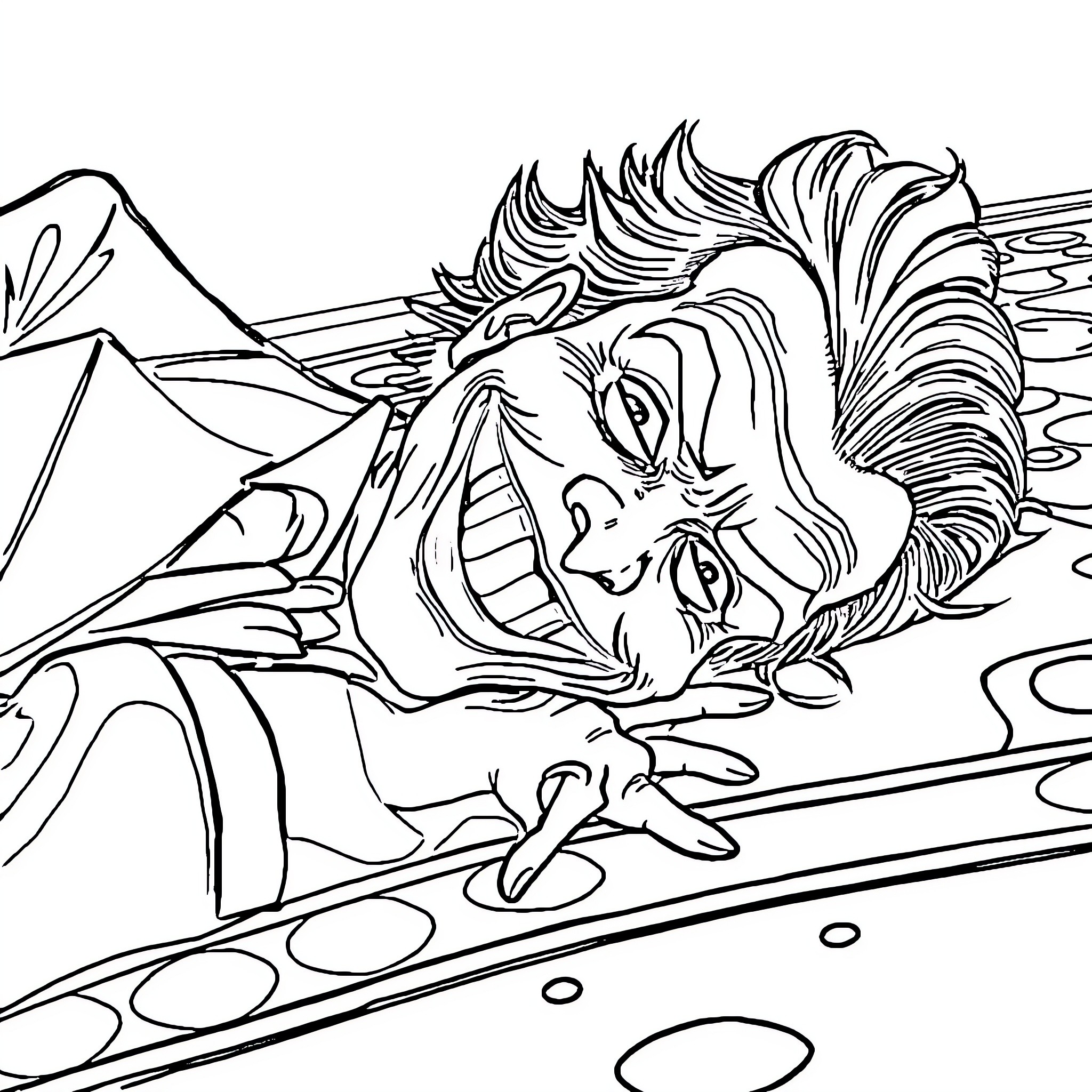 Joker's Deranged Grin in Surreal Landscape Coloring Page (free black-and-white line drawing printable PDF for all, from beginners to advanced learners, including children, teens, adults, and seniors)