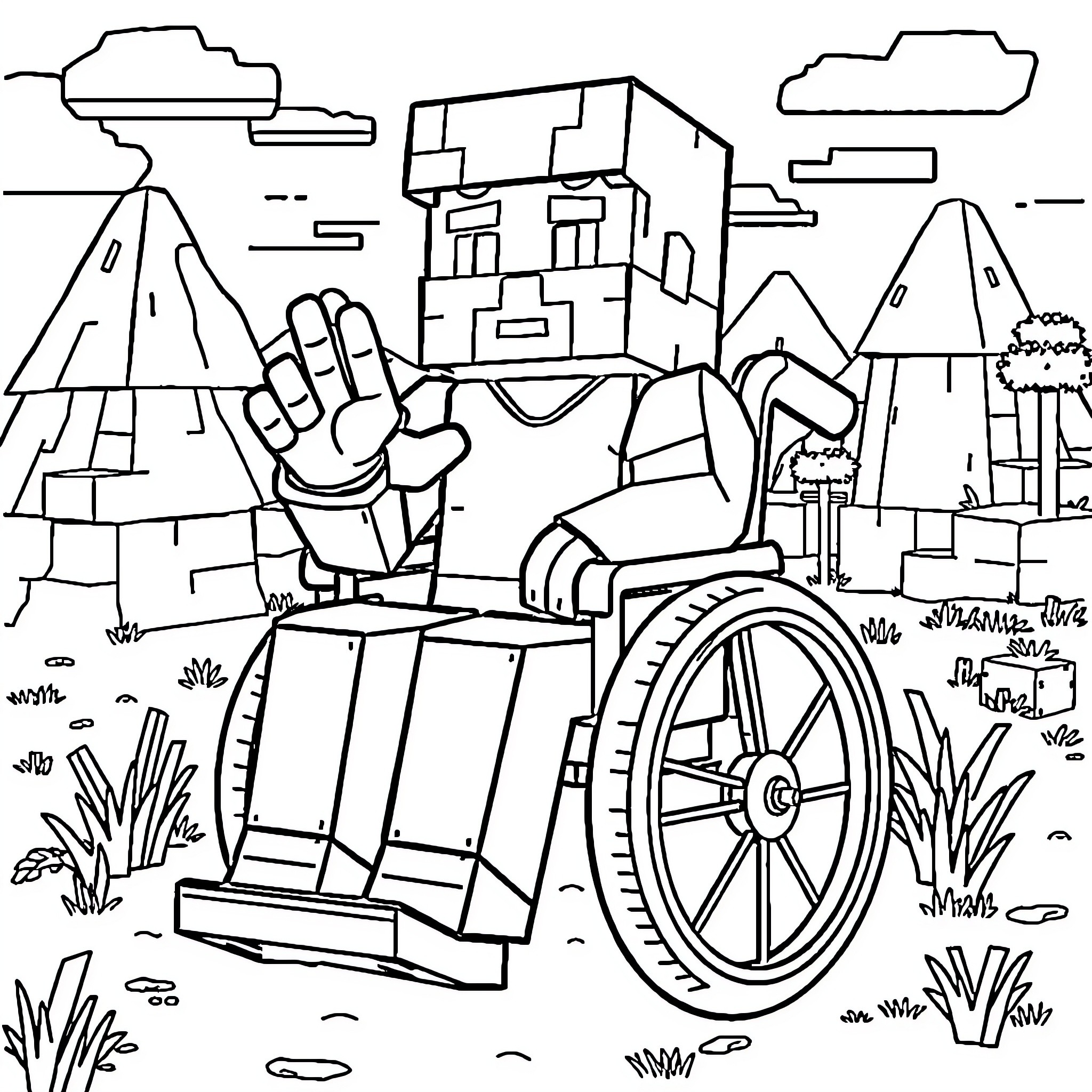 Minecraft character in a wheelchair exploring nature Coloring Page (free black-and-white line drawing printable PDF for all, from beginners to advanced learners, including children, teens, adults, and seniors)