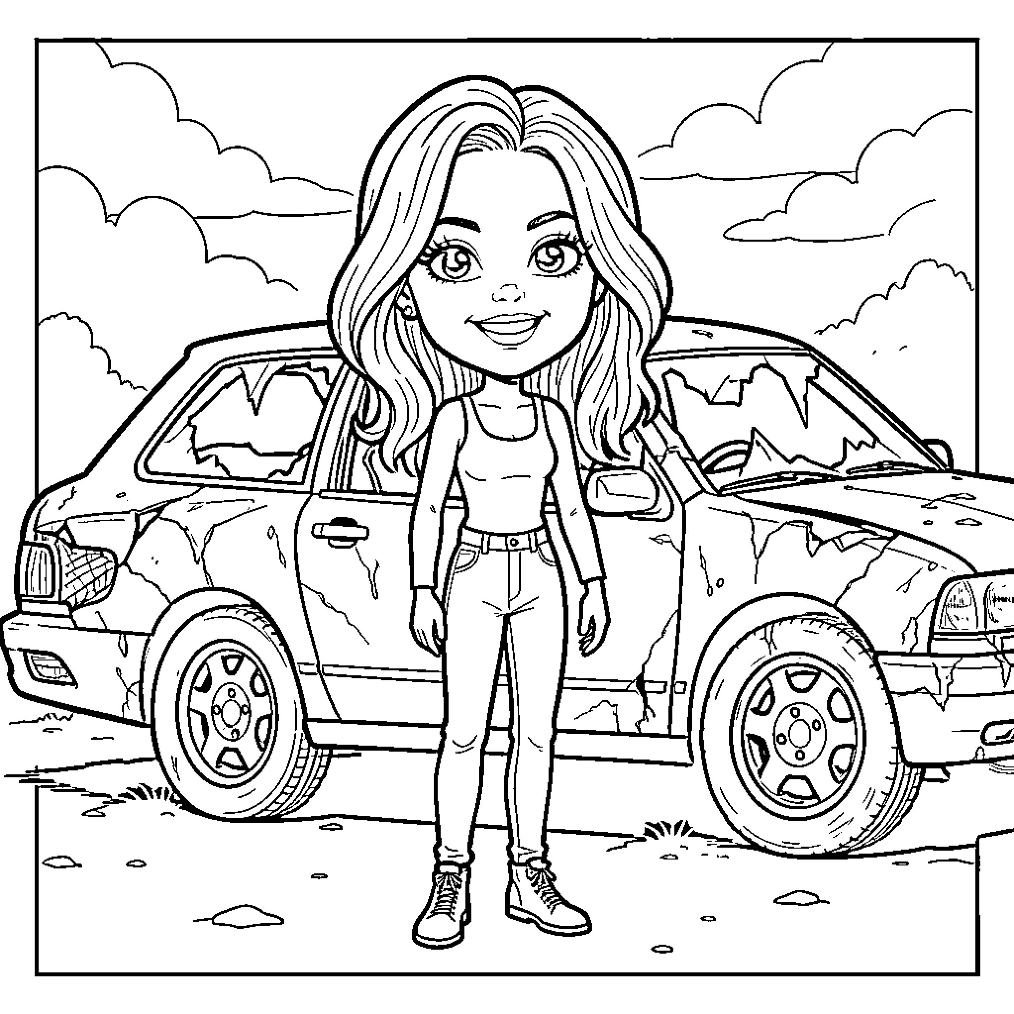 Carrie Underwood standing in front of a car Coloring Page (free black-and-white line drawing printable PDF for all, from beginners to advanced learners, including children, teens, adults, and seniors)
