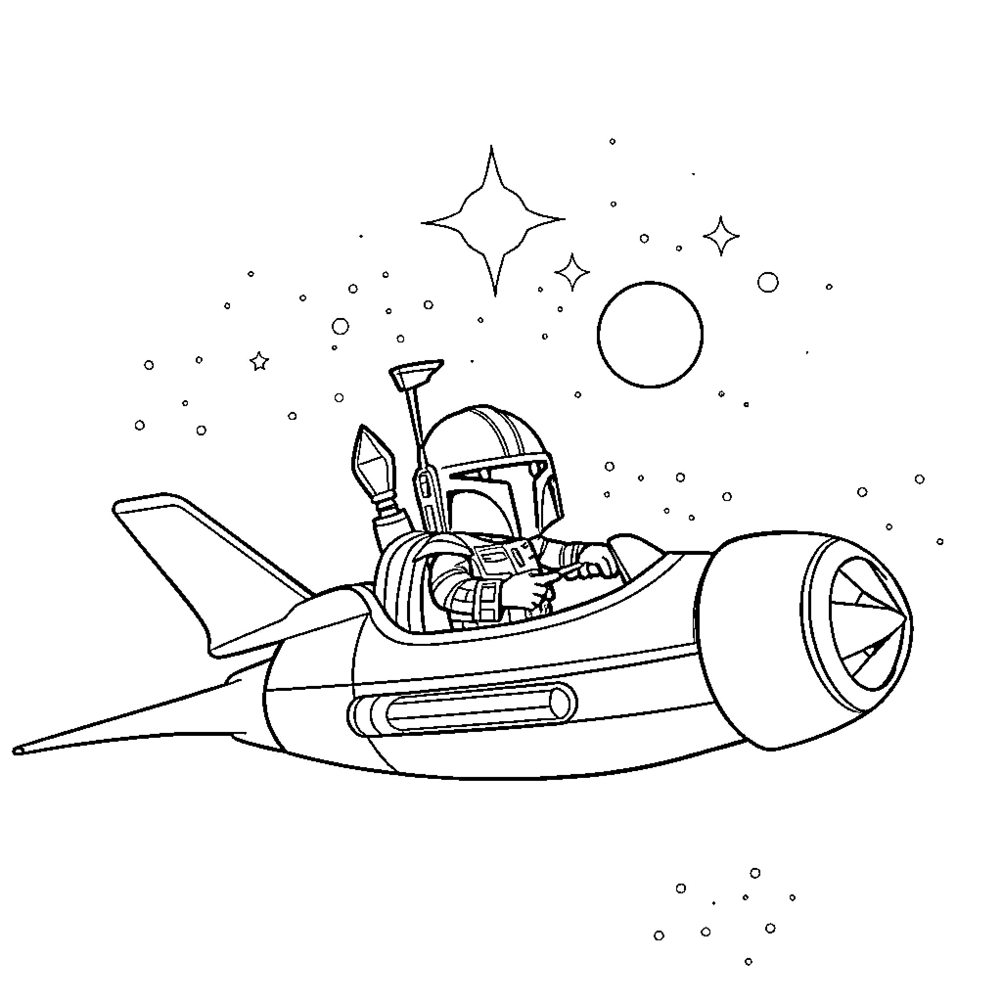 Grogu's interstellar spacecraft adventure Coloring Page (free black-and-white line drawing printable PDF for all, from beginners to advanced learners, including children, teens, adults, and seniors)