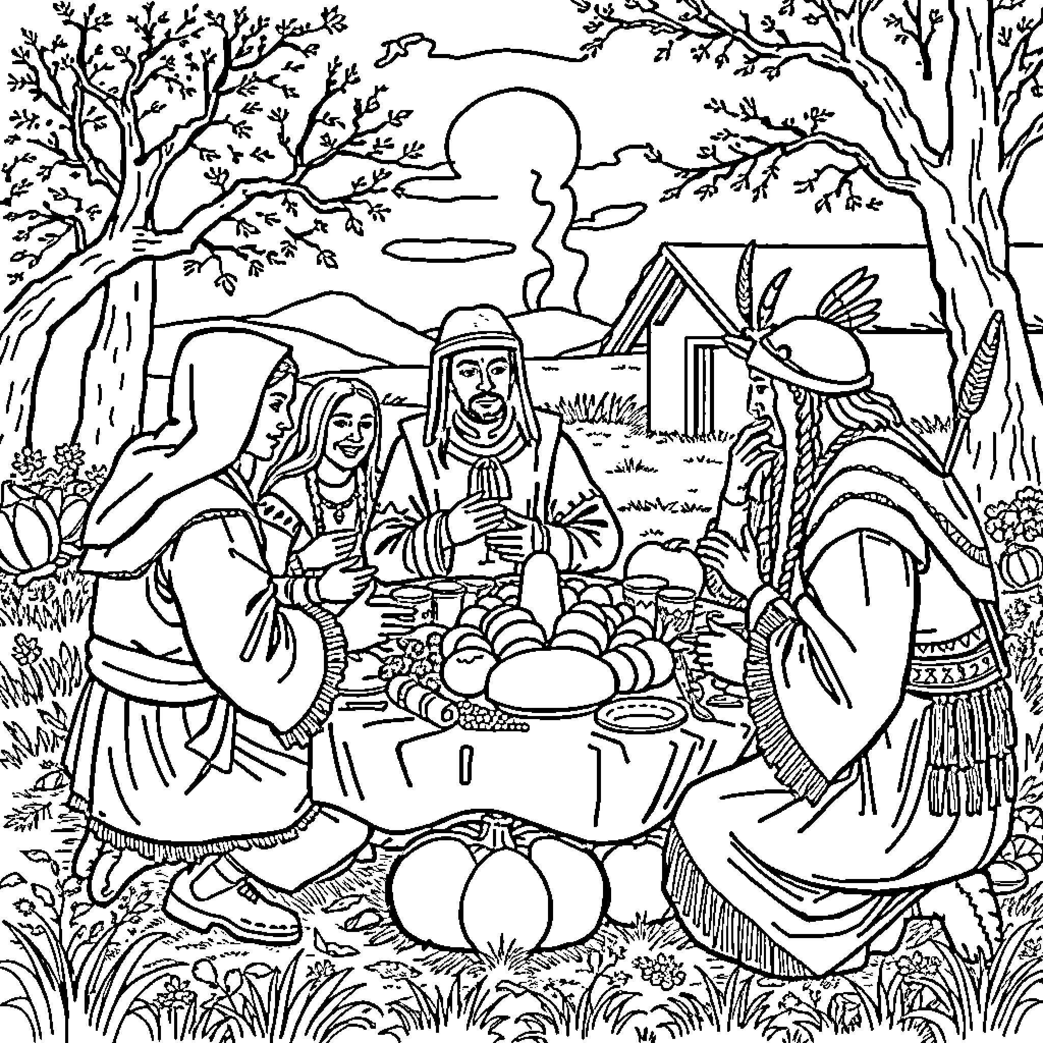 Thanksgiving Celebration in Pastoral Setting Coloring Page (free black-and-white line drawing printable PDF for all, from beginners to advanced learners, including children, teens, adults, and seniors)