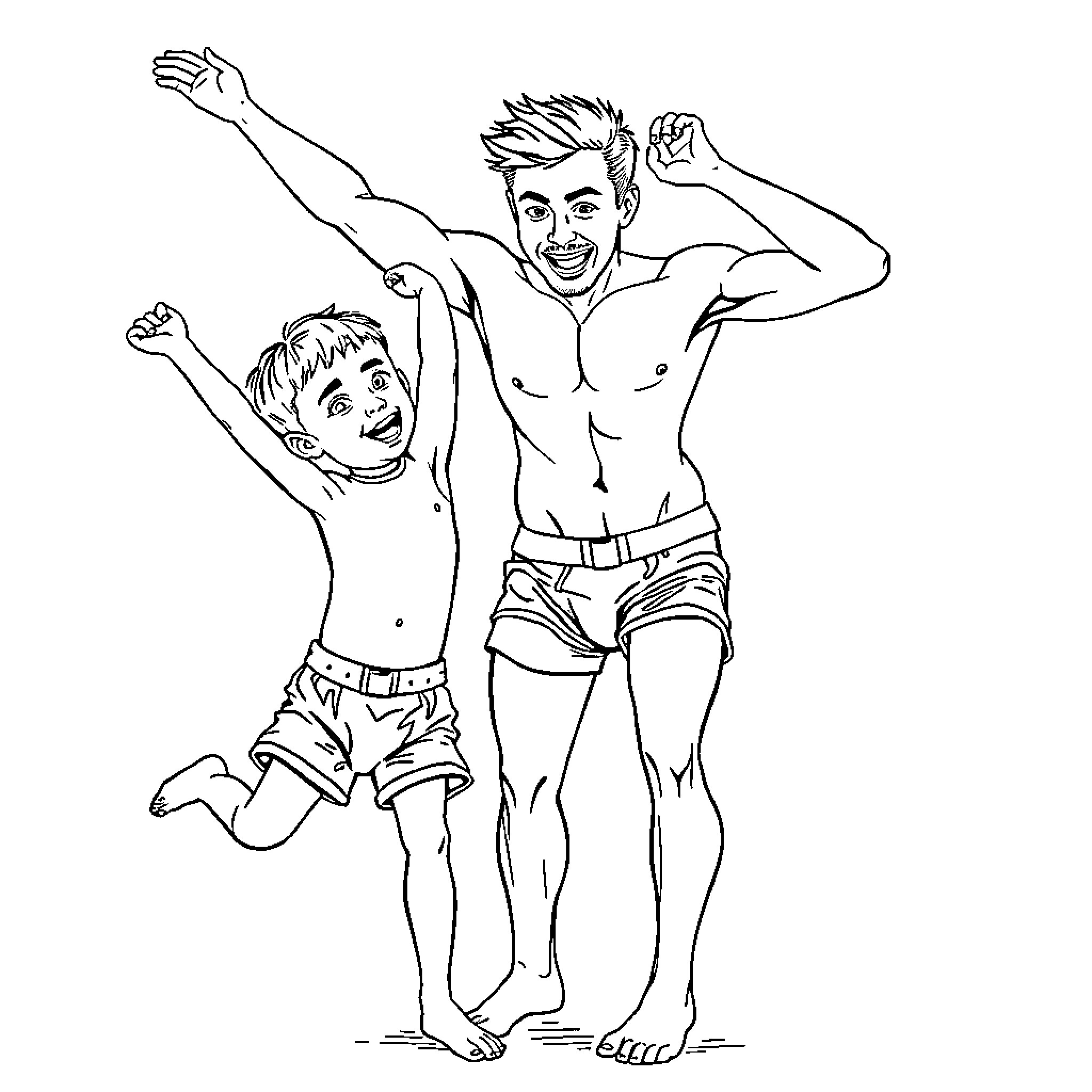 Man and boy playing joyfully outdoors Coloring Page (free black-and-white line drawing printable PDF for all, from beginners to advanced learners, including children, teens, adults, and seniors)