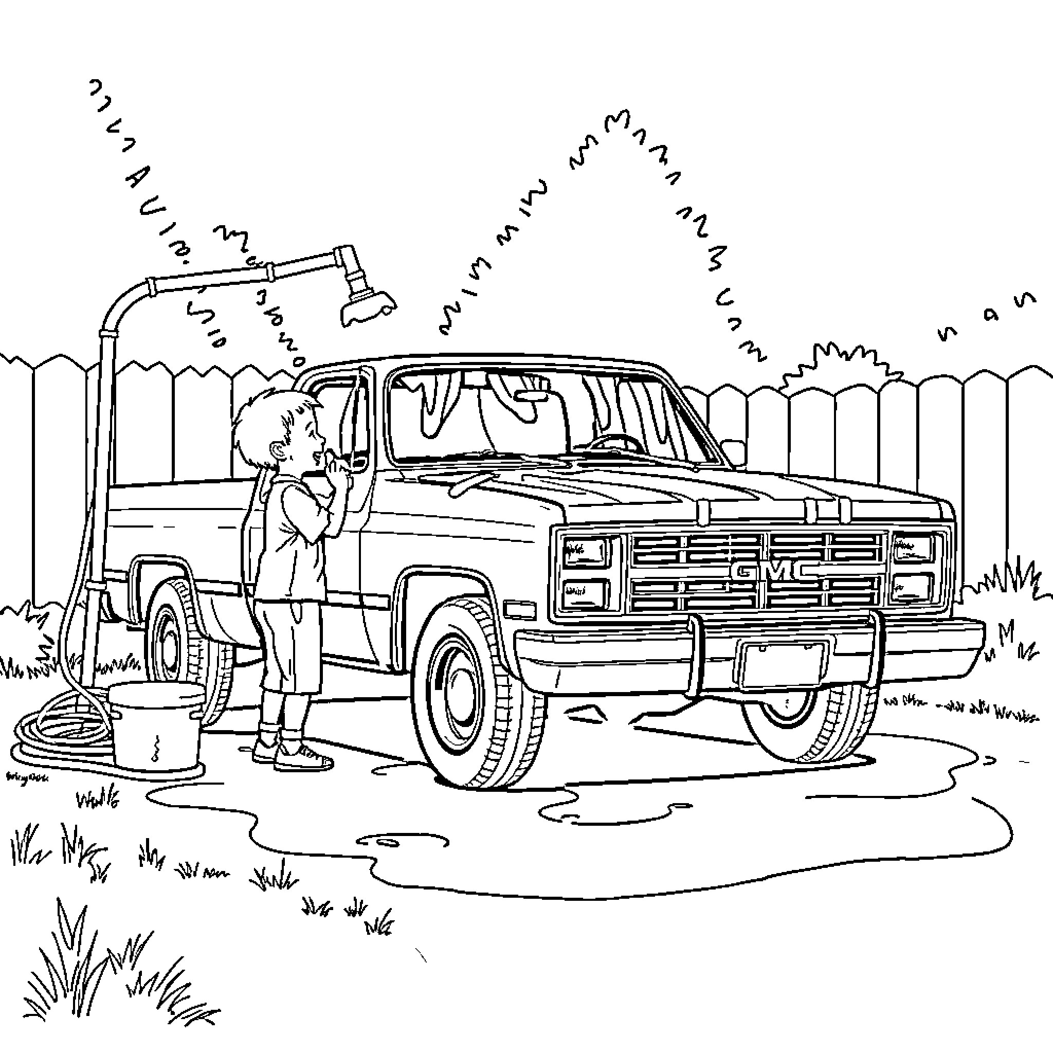 Kid Fixing Pickup Truck in Rural Setting Coloring Page (free black-and-white line drawing printable PDF for all, from beginners to advanced learners, including children, teens, adults, and seniors)