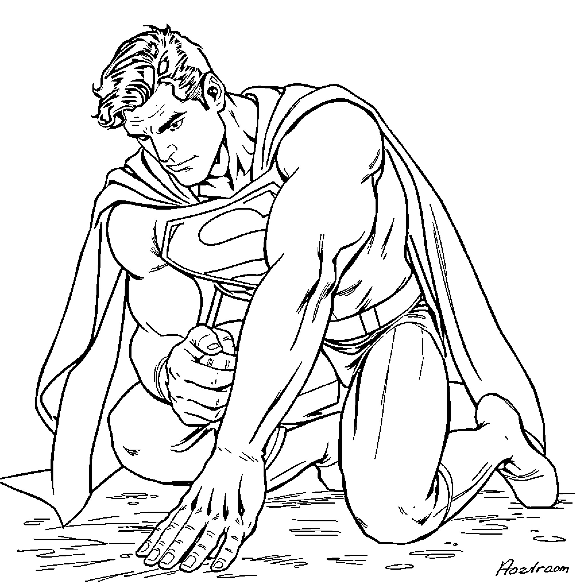 Superman crouching in distress on the ground Coloring Page (free black-and-white line drawing printable PDF for all, from beginners to advanced learners, including children, teens, adults, and seniors)
