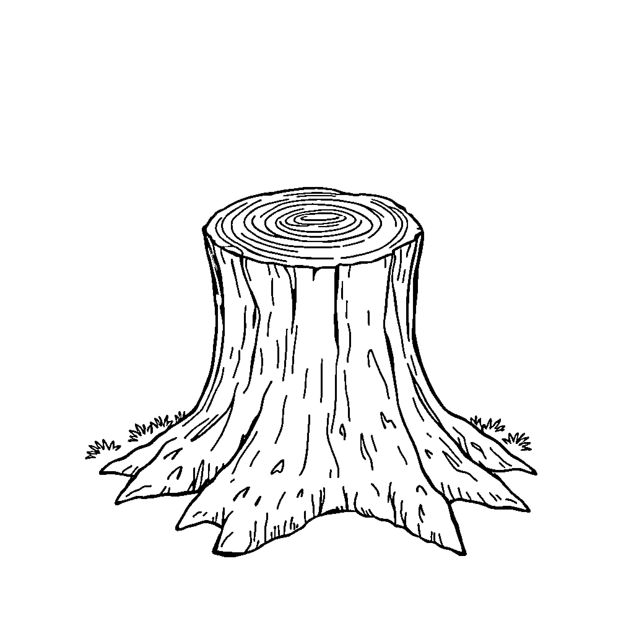 Stump with Detailed Texture and Roots Coloring Page (free black-and-white line drawing printable PDF for all, from beginners to advanced learners, including children, teens, adults, and seniors)